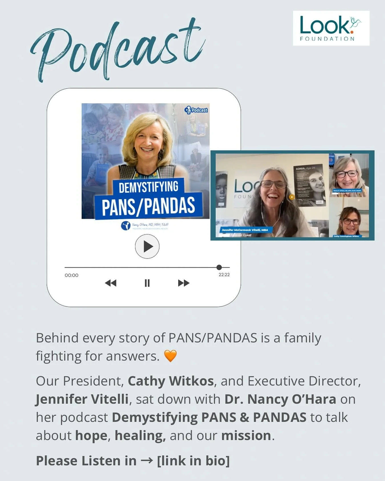 We are honored to share that Look. Foundation President Cathy Witkos and Executive Director Jennifer Vitelli were recent guests on Nancy O'Hara MD, MPH, FAAP Demystifying PANS &amp; PANDAS podcast.
Dr. O&rsquo;Hara &mdash; a pioneer provider and tire