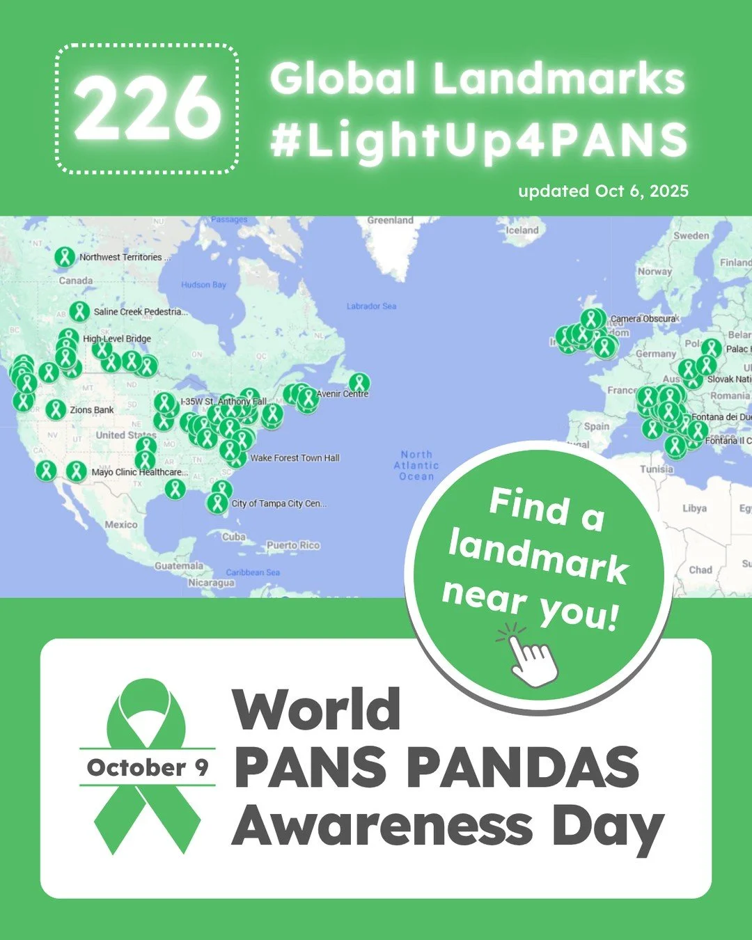 💚✨ The world is lighting up for PANS and PANDAS!

This Thursday, 226 landmarks across the globe &mdash; from bridges and buildings to fountains and towers &mdash; will glow green for World PANS PANDAS Awareness Day.

Every light represents a story. 