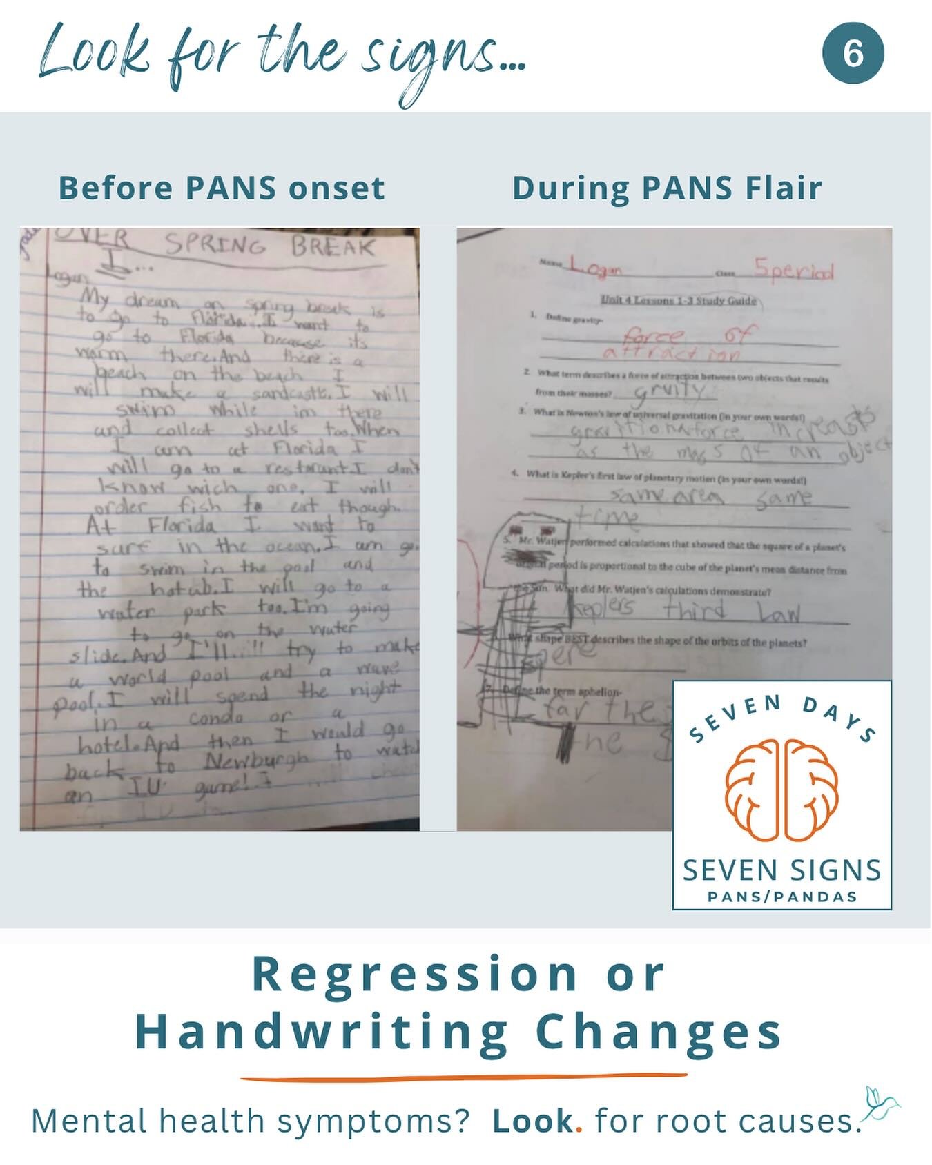 Day 6 of 7 Signs of PANS 💚
Handwriting changes. Sudden decline in math skills. Baby talk. Loss of previously mastered skills.

These aren&rsquo;t &ldquo;regressions&rdquo; without reason &mdash; they can be signs of PANS/PANDAS, when inflammation di