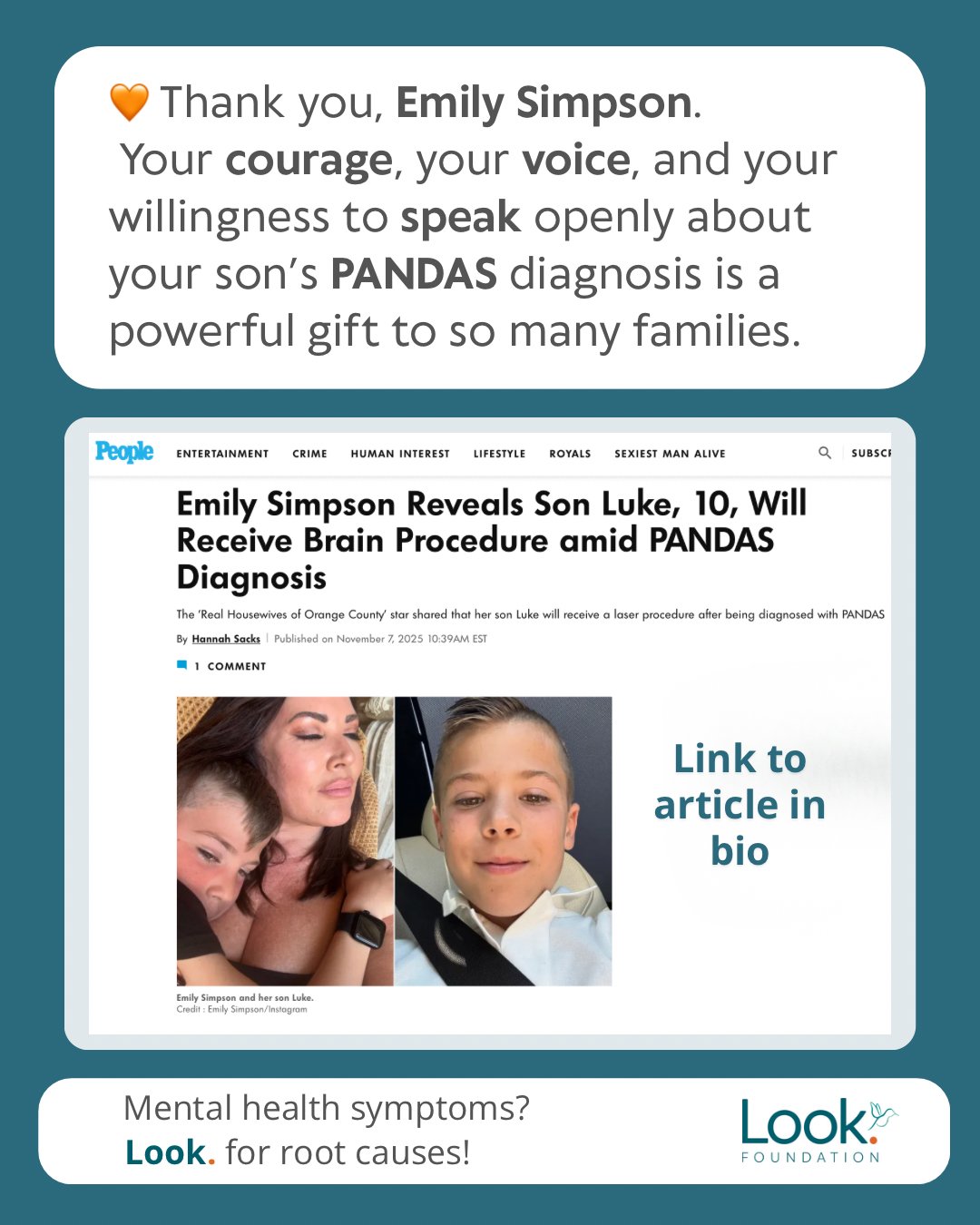 🧡 Thank you, Emily Simpson.

Your courage, your voice, and your willingness to speak openly about your son&rsquo;s PANDAS diagnosis is a powerful gift to so many families.

In sharing Luke&rsquo;s story, and your family&rsquo;s journey, you&rsquo;re