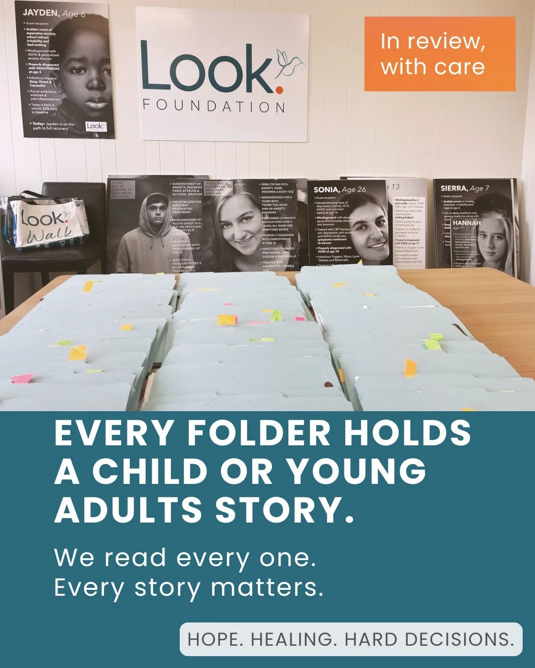 Around this table are stories no family ever expects to live.

Each folder represents a child or young adult battling PANS/PANDAS, and caregivers doing everything they can to help them heal. The stories are heartbreaking. The courage is overwhelming.