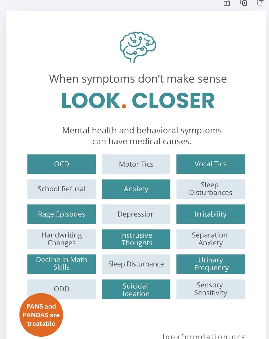 When mental health and behavioral symptoms don&rsquo;t make sense, it&rsquo;s time to LOOK. CLOSER.

Children and young adults experiencing OCD, anxiety, tics, rage, depression, school refusal, and more may be facing infection-triggered neuroinflamma