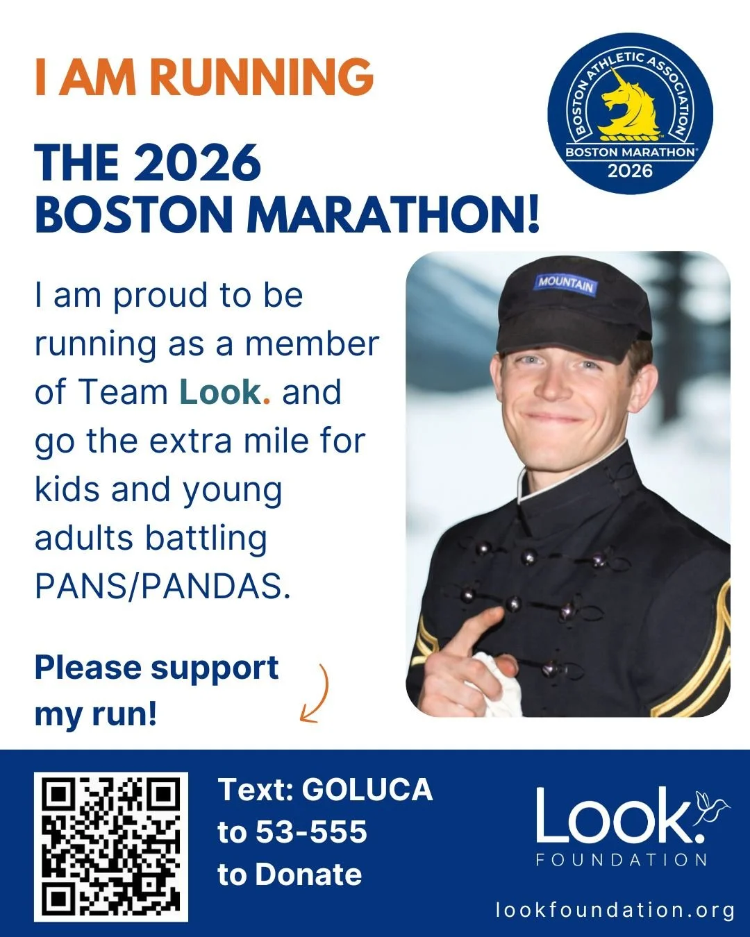 A full circle moment for our community🧡. 
We are proud to share that Luca Vitelli (our Executive Director's son) is joining Team Look. for the 2026 Boston Marathon, becoming our third athlete running to raise awareness and funds for kids and young a