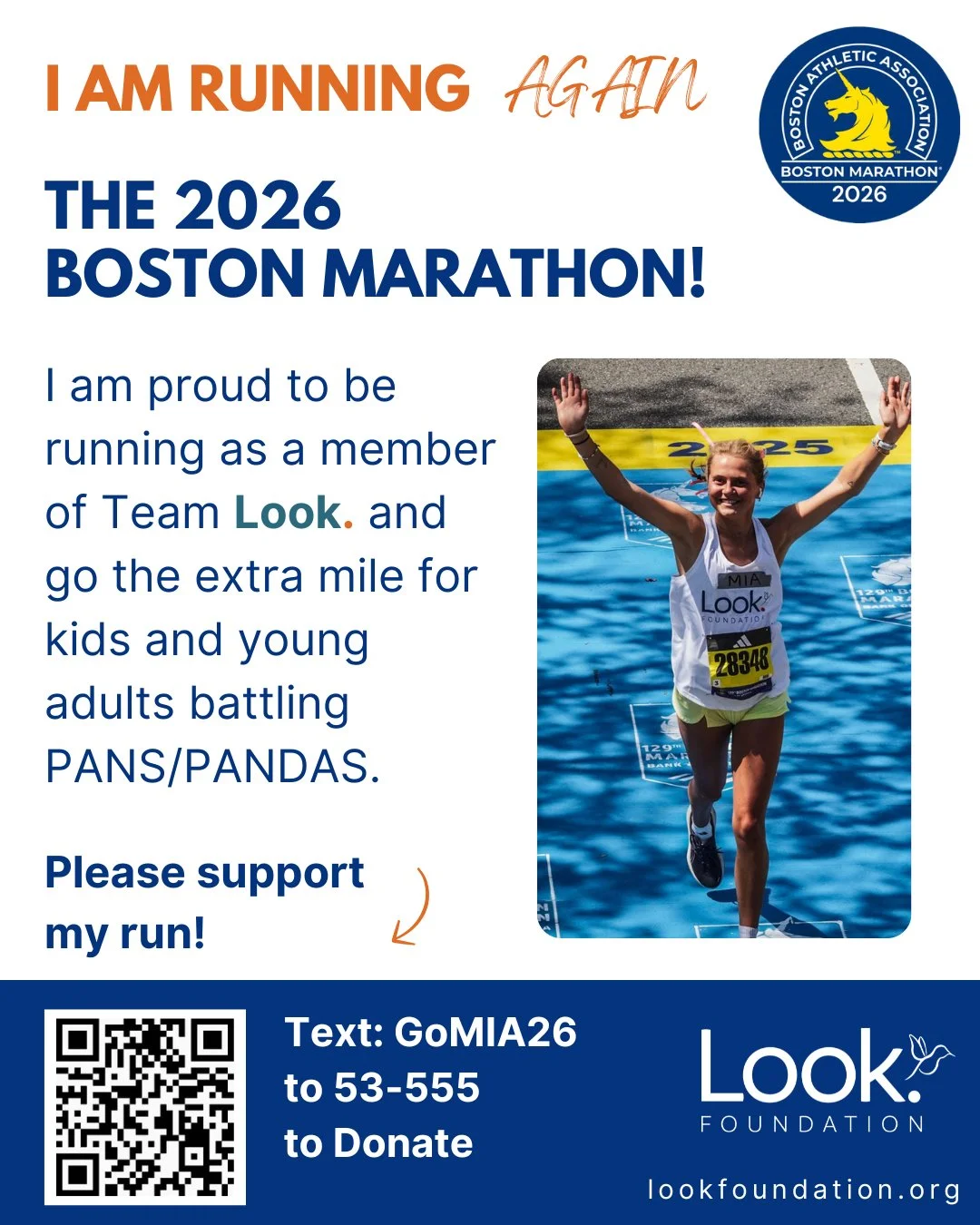 Mia McLean is back for year two at the @bostonmarathon 🏃&zwj;♀️🧡

After running last year in support of the Look. Foundation, she&rsquo;s lacing up again, continuing to show up for kids and families impacted by PANS/PANDAS. Every mile is more than 