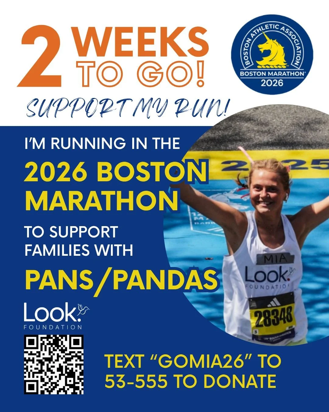 🏃&zwj;♀️ Less than two weeks to go! 

Mia is running the @bostonmarathon for the second year in a row to support children and families affected by PANS/PANDAS.

Let&rsquo;s help her reach her goal! Every donation counts. 🧡

Scan the QR code to dona