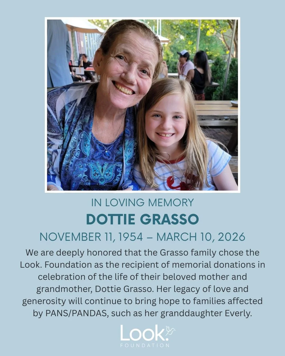 Shared by Dottie's daughter, Kelly Noska:

As the first of five grandchildren, my daughter Everly spent the most time with her grandparents. Before Everly was even born, my mom, Dottie, asked to be called "Nanny Cakes"&mdash;a name that def