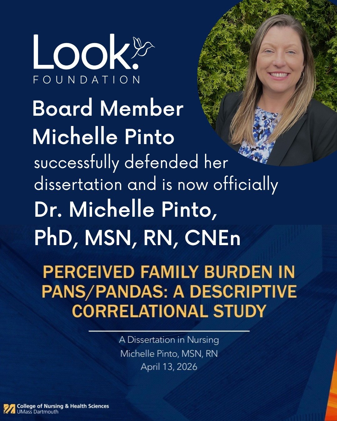 We are incredibly proud of Michelle, on defending her dissertation at @umassd, and grateful for the important work she is doing to shine a light on the realities faced by families in the PANS/PANDAS community. Her passion, leadership, and commitment 