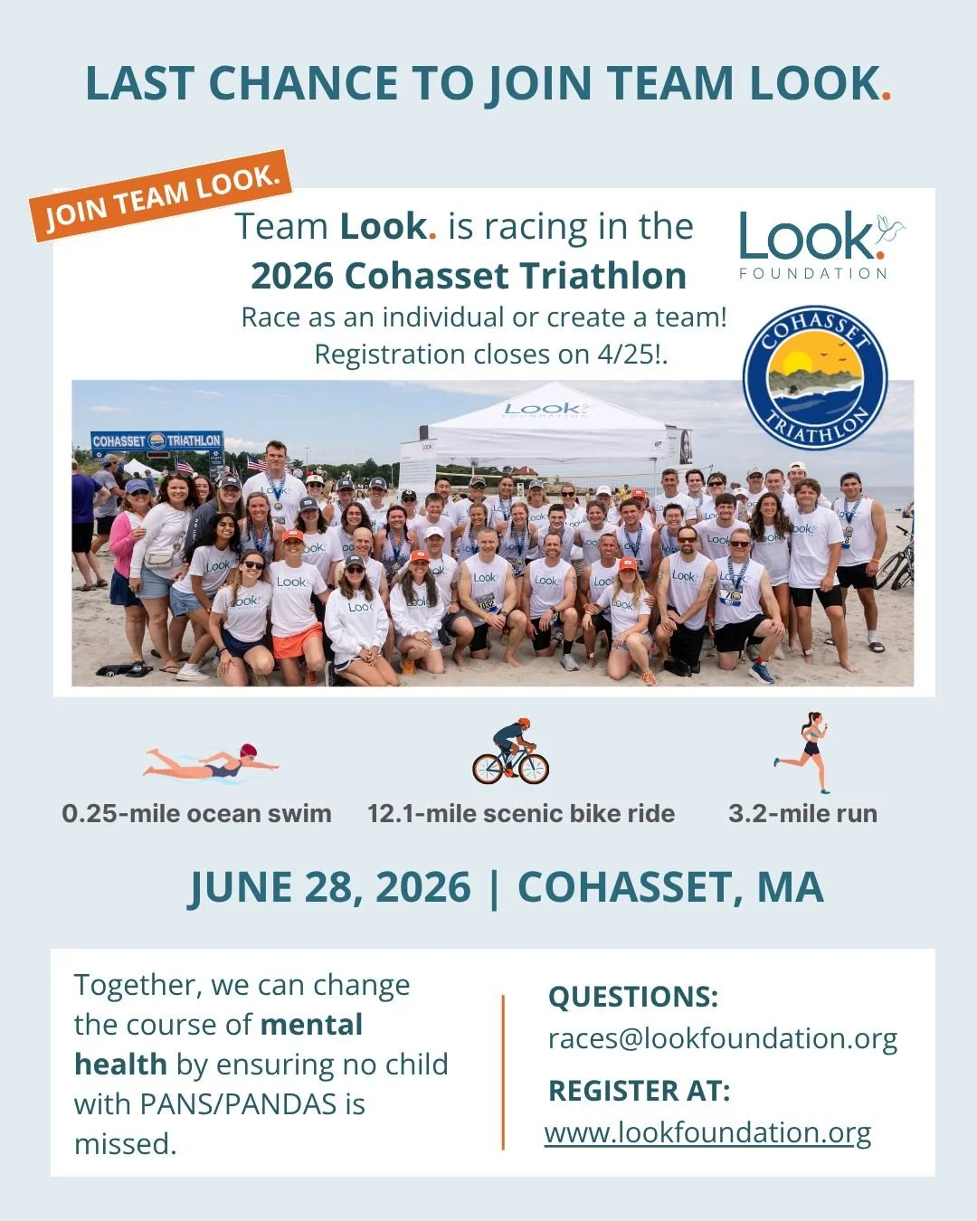 📣 Final Call &mdash; Registration for Team Look. closes THIS SATURDAY, 4/25! 🏃&zwj;♀️🏊&zwj;♂️🚴&zwj;♂️

There&rsquo;s still time to join Team Look. for the 2026 Cohasset Triathlon and race for a reason.

Whether you're a seasoned athlete or taking