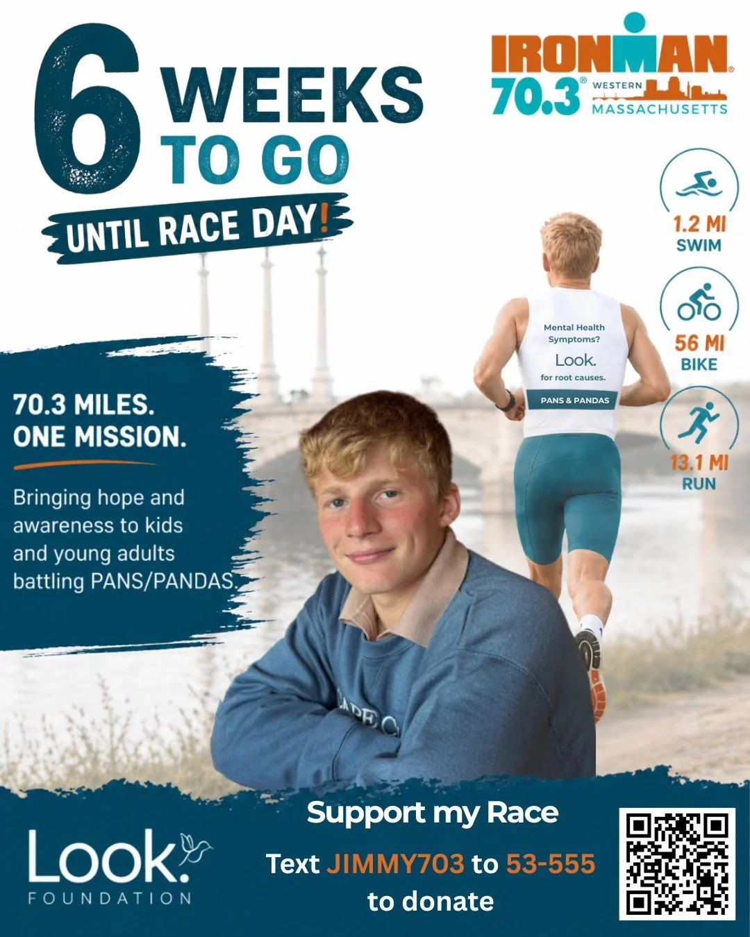 6 weeks to go until race day, and Jimmy is taking on the IRONMAN 70.3 Western Massachusetts (@ironmantri) to raise awareness and support for kids and young adults battling PANS/PANDAS.

From the 1.2 mile swim to the 56 mile bike to the 13.1 mile run,