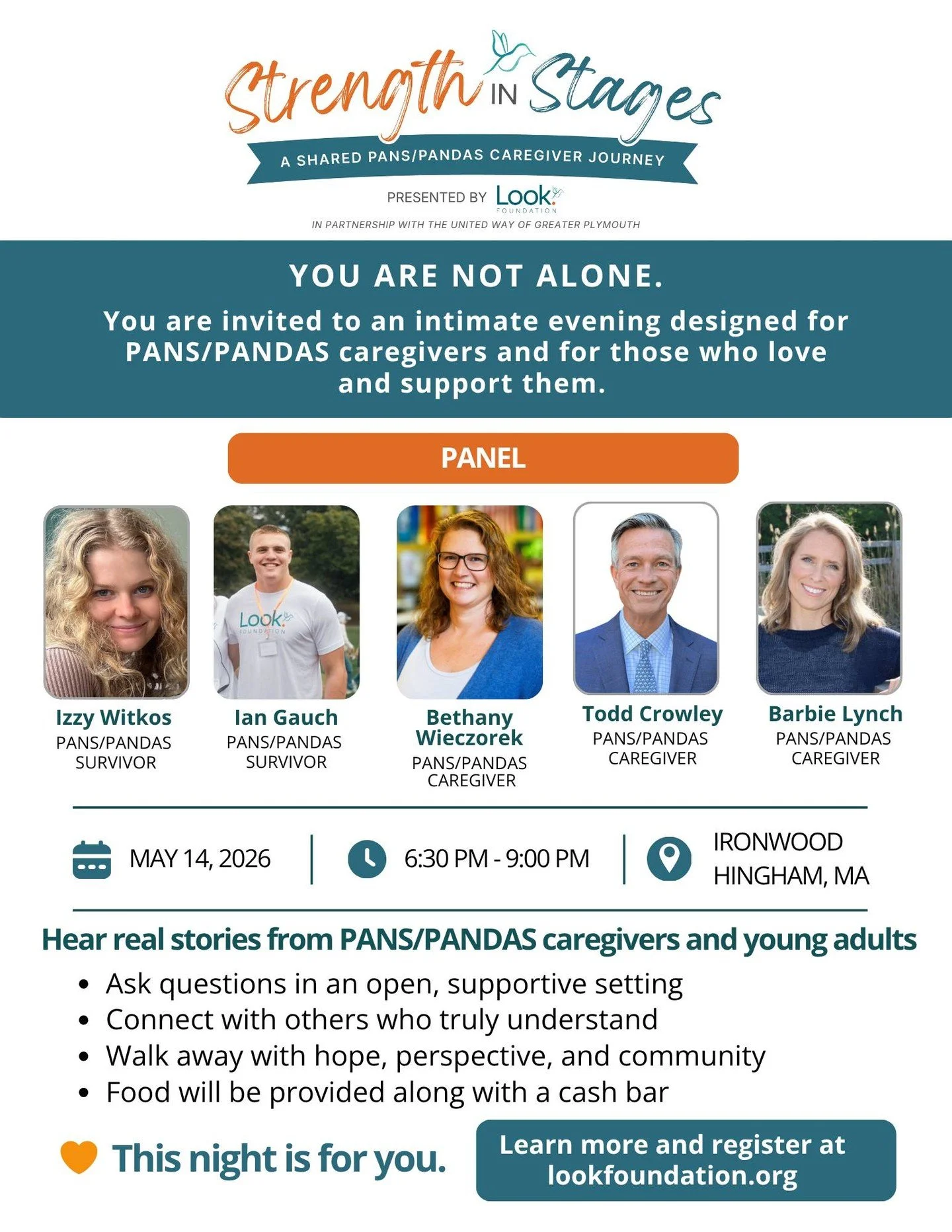 As we head into the final week of Strength in Stages, we are excited to invite our community to a special evening of connection, reflection, and hope.

Join us on May 14 at @ironwoodhingham for an intimate Evening of Storytelling designed for PANS/PA