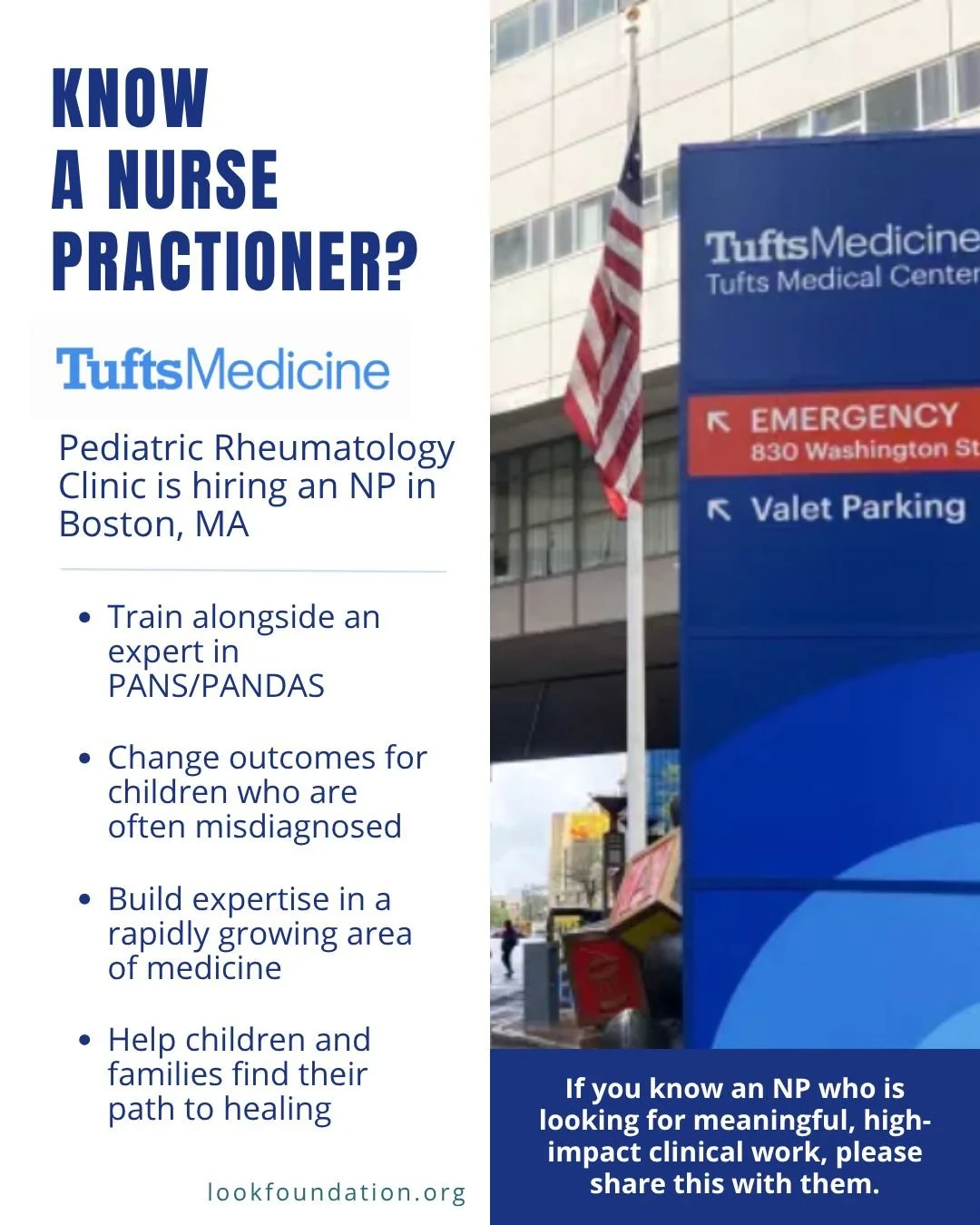 We&rsquo;re helping spread the word about an important opportunity in our community.

Tufts Medical Center (@tuftsmedicalcenter) is hiring a Pediatric Rheumatology Nurse Practitioner in Boston, MA&mdash;an opportunity to train alongside Dr. Julia Zha