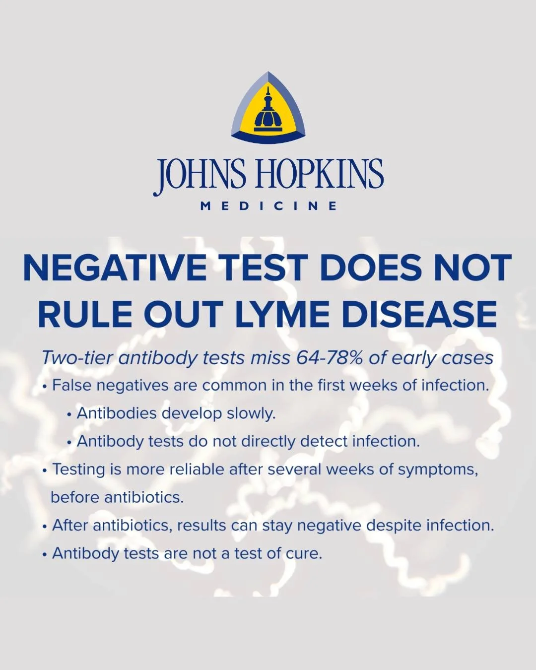 A negative Lyme test does not always rule out Lyme disease.

In this video from Johns Hopkins Rheumatology (@hopkinsmedicine), experts discuss the limitations of current Lyme disease testing and why clinical symptoms and patient history matter. Many 