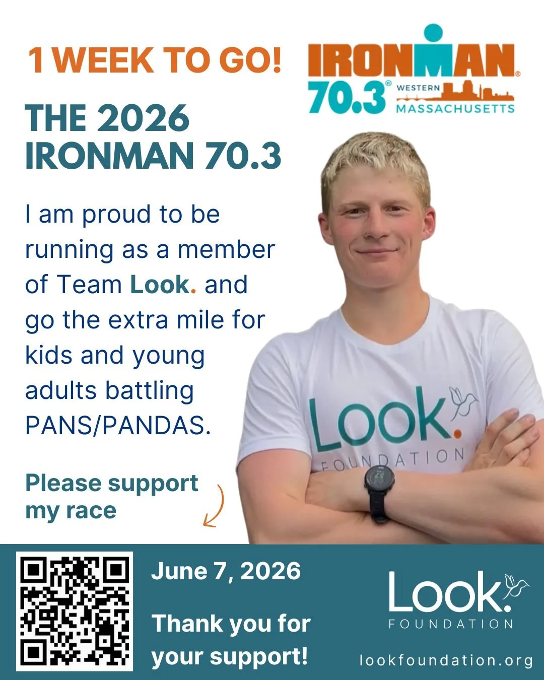 1 week to go until race day, and Jimmy (@jimmy.smith725) is taking on the IRONMAN (@ironmantri) 70.3 Western Massachusetts to raise awareness and support for kids and young adults battling PANS/PANDAS. 🏃🧡 

From the 1.2 mile swim to the 56 mile bik