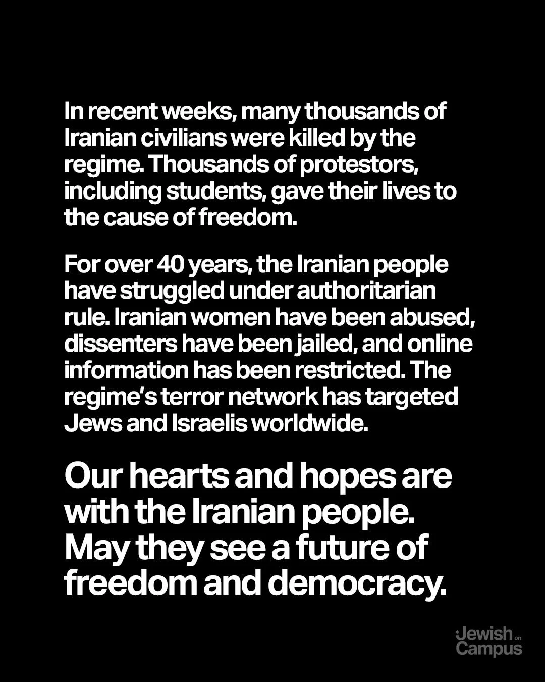 Today, we are thinking of our families in Israel, our friends in Iran, and all of us holding our breaths here in the diaspora. May we see a future of freedom and democracy.