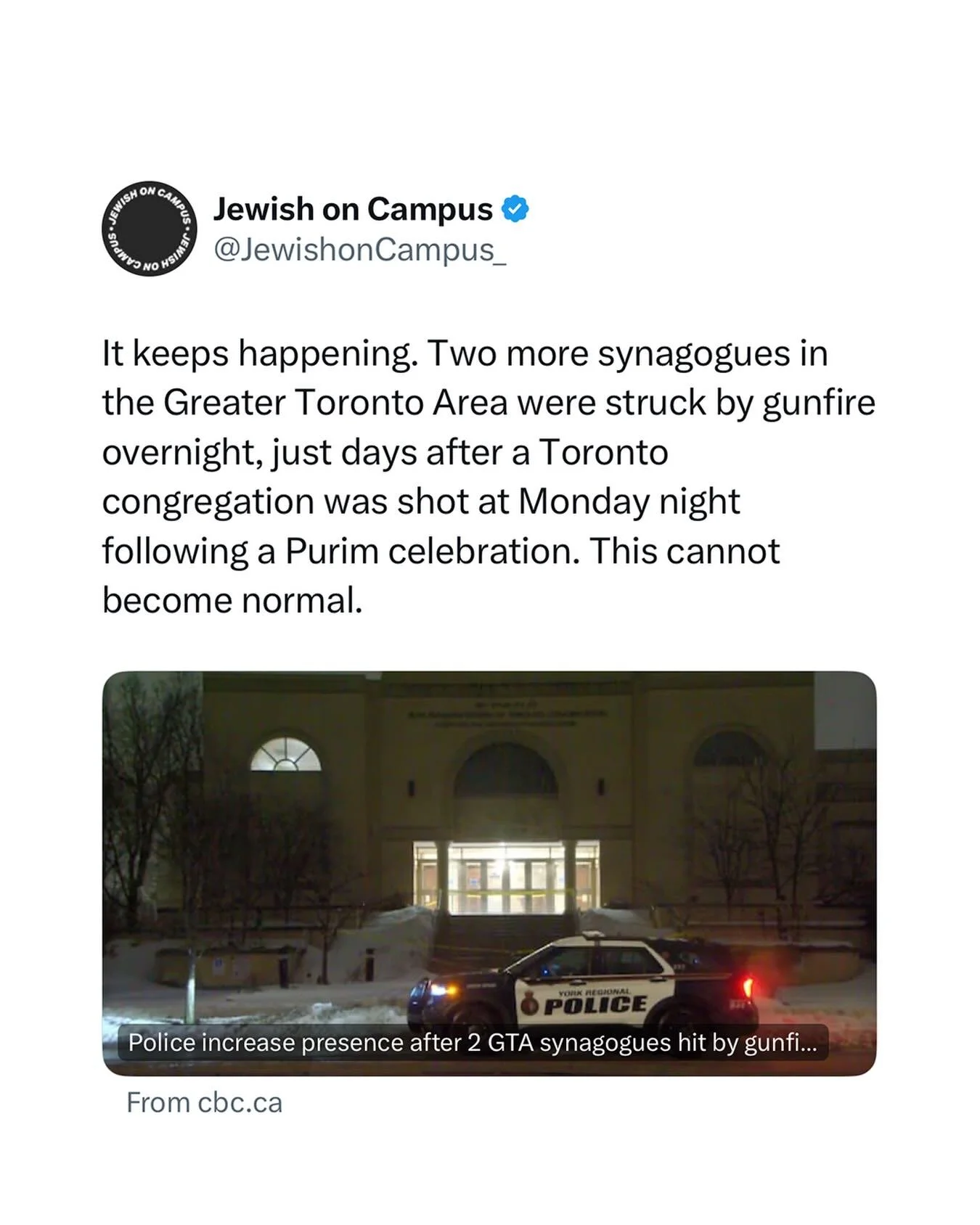 Thankfully, no injuries have been reported. We stand with the Canadian Jewish community.