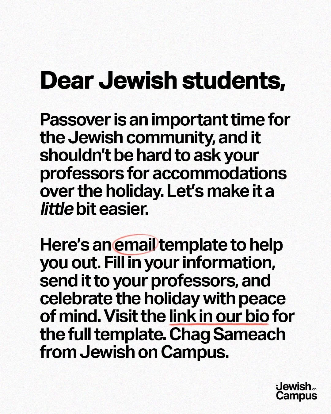 Visit the link in our bio for the full template and mailto link. Chag Sameach from Jewish on Campus.