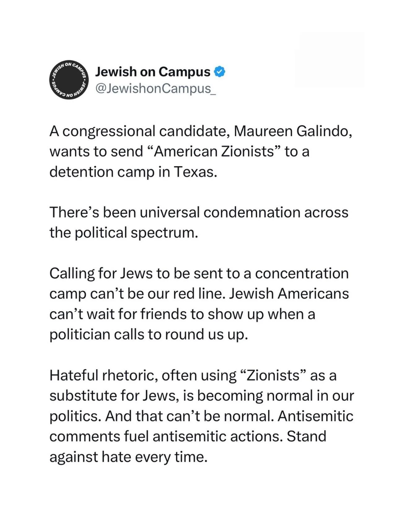 Calling for Jews to be sent to a concentration camp can&rsquo;t be our red line. Jewish Americans can&rsquo;t wait for friends to show up when a politician calls to round us up.

Hateful rhetoric, often using &ldquo;Zionists&rdquo; as a substitute fo