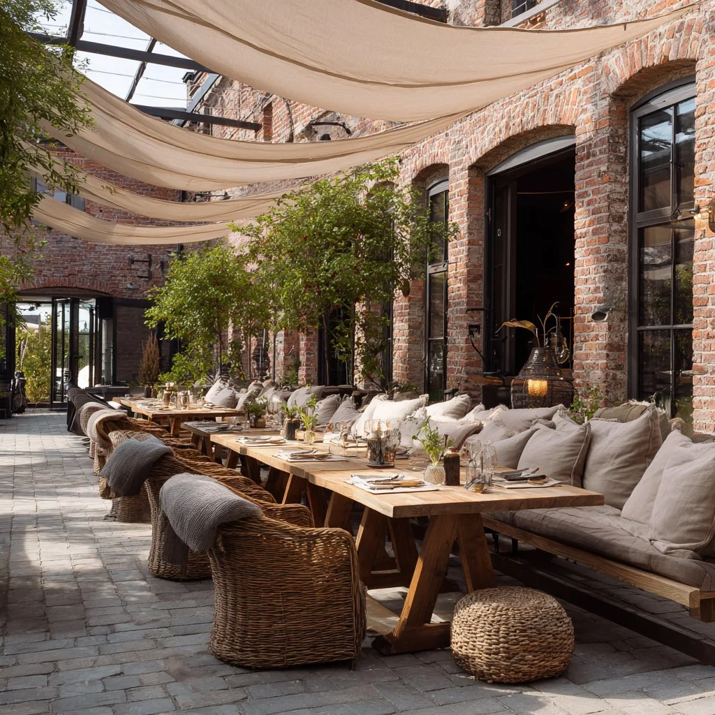 Een sfeervolle terras met een lange houten tafel, omringd door rotan stoelen en een bank met kussens. Boven zijn lichte doekzeilen gespannen. De omgeving bestaat uit bakstenen muren en grote ramen, met uitzicht op groene planten.
