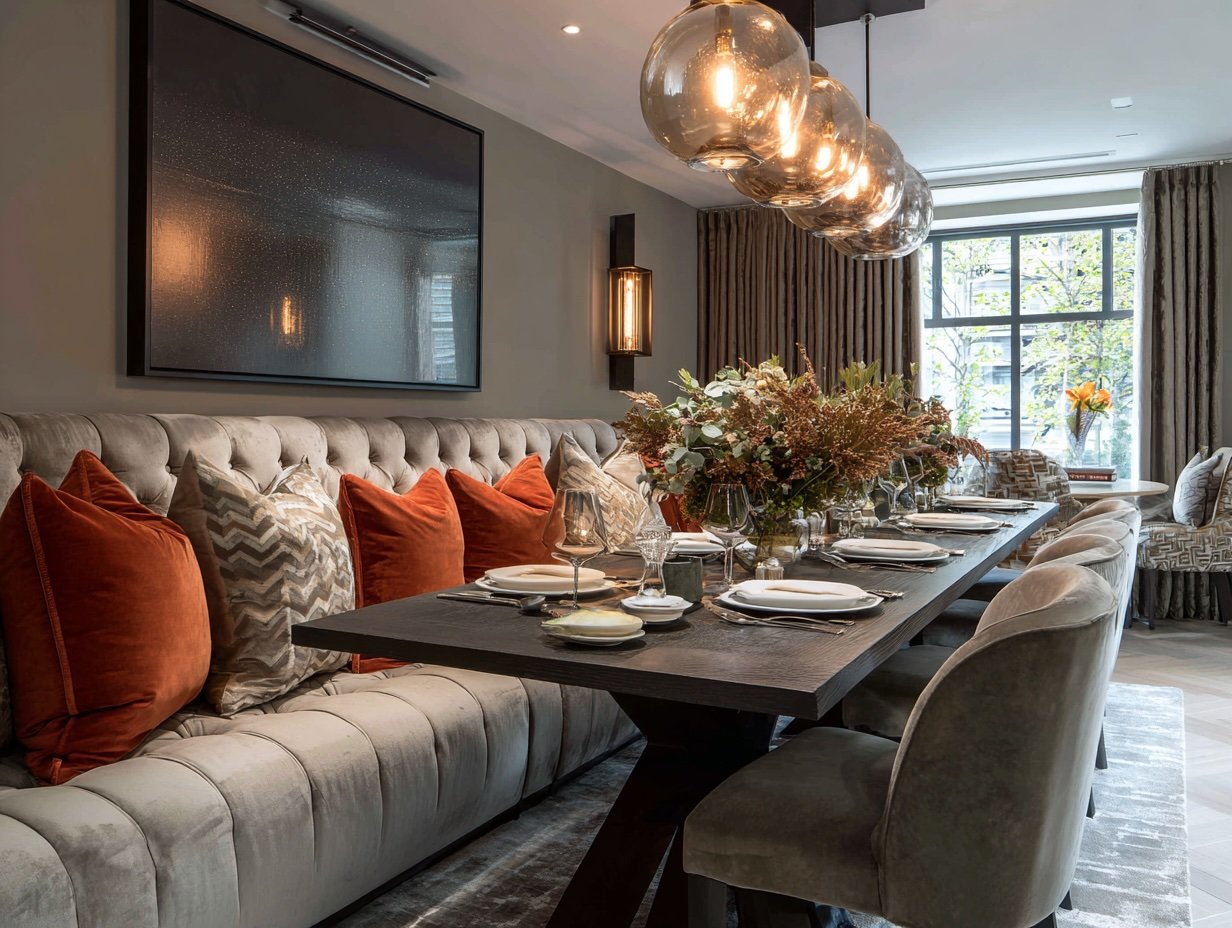 Elegant diningkamer met een lang tafel, versierd met een bloemenarrangement, gedekte borden, glazen en bestek. Rijen van kussens in terracotta en neutrale tonen op een bank en zachte stoelen eromheen. Grote ramen met gordijnen laten natuurlijk licht binnen.