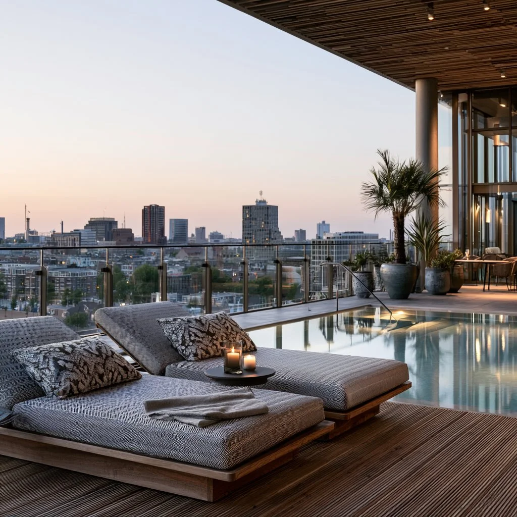 Uitzicht vanaf een rooftop met zwembad op een stad tijdens zonsondergang, met ligbedden, kussens, kaarsen, planten en een moderne buitenruimte.