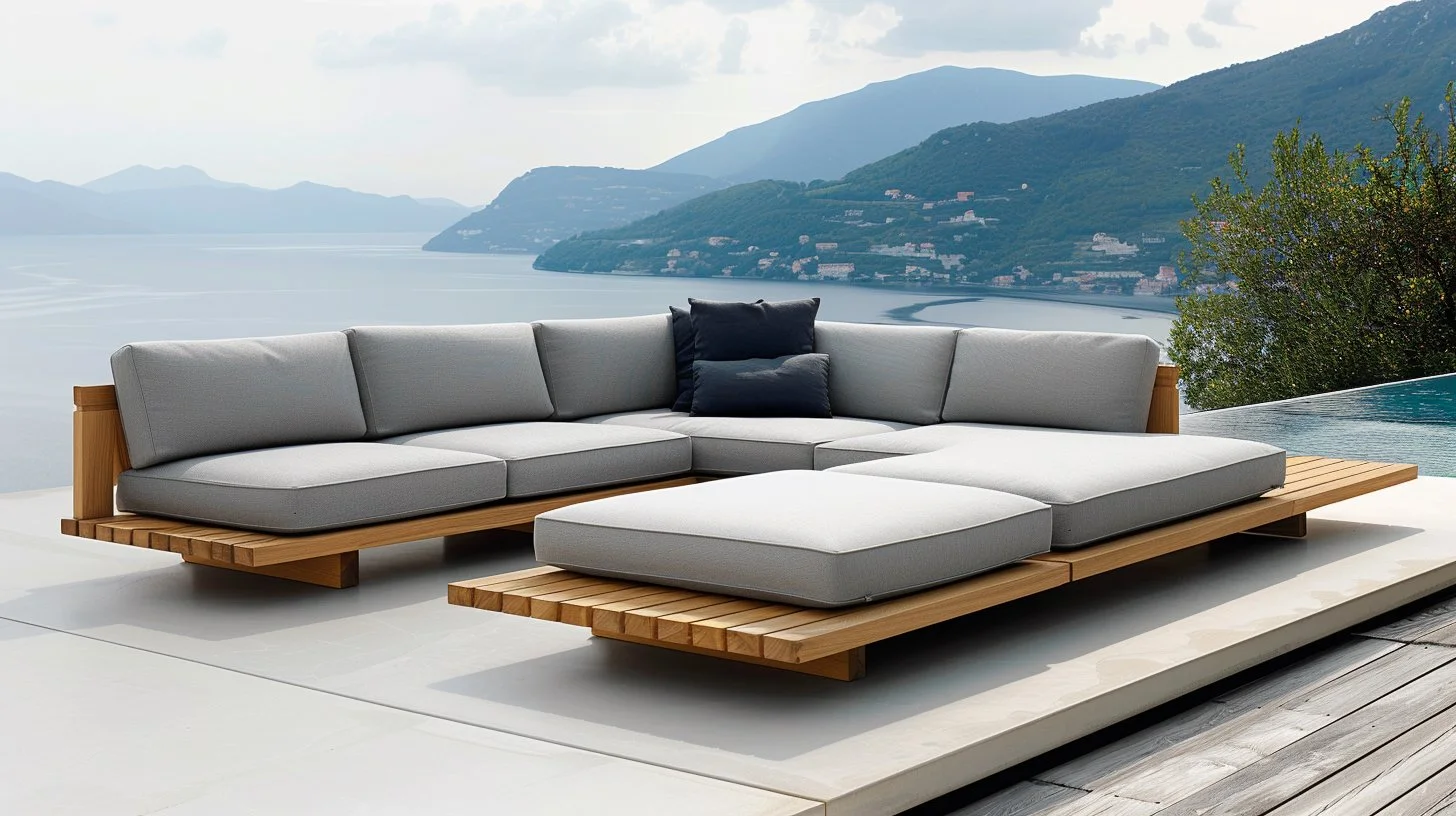 Een moderne loungebank met grijze maatkussens op een houten platform, met een uitzicht op een meer en bergen in de achtergrond.
