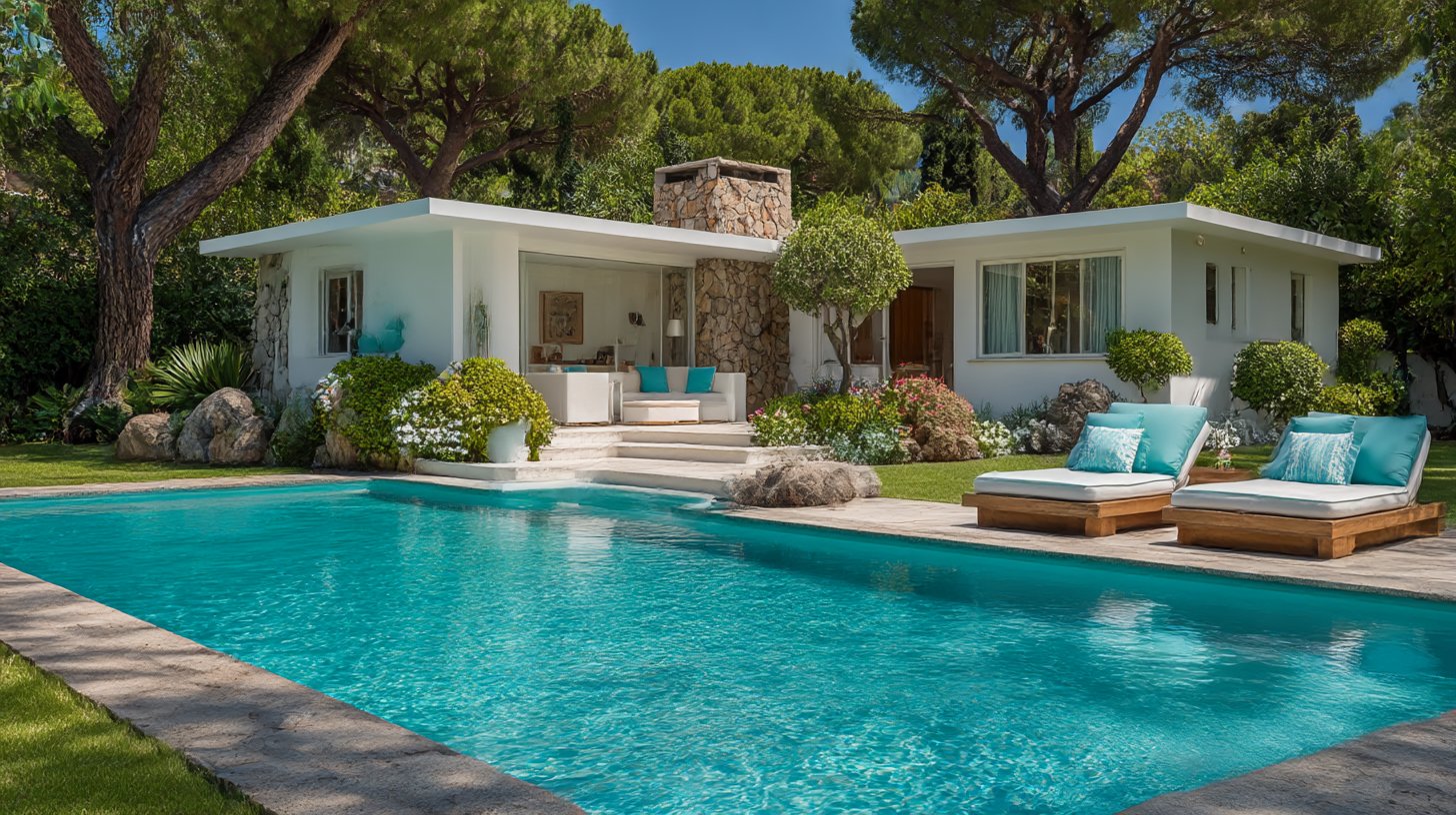 Luxe villa met een zwembad, ligstoelen met dikke kussens en een tuin met bomen en bloemen, onder een blauwe hemel