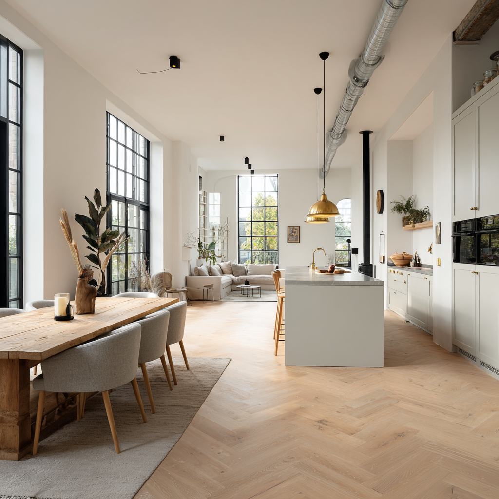Open keuken en eetkamer met grote zwarte ramen, licht houten vloer, witte kasten, een centraal eiland met gouden kraan, een gouden hanglamp, grote ramen met uitzicht op bomen, en een zithoek met bank en tafel.