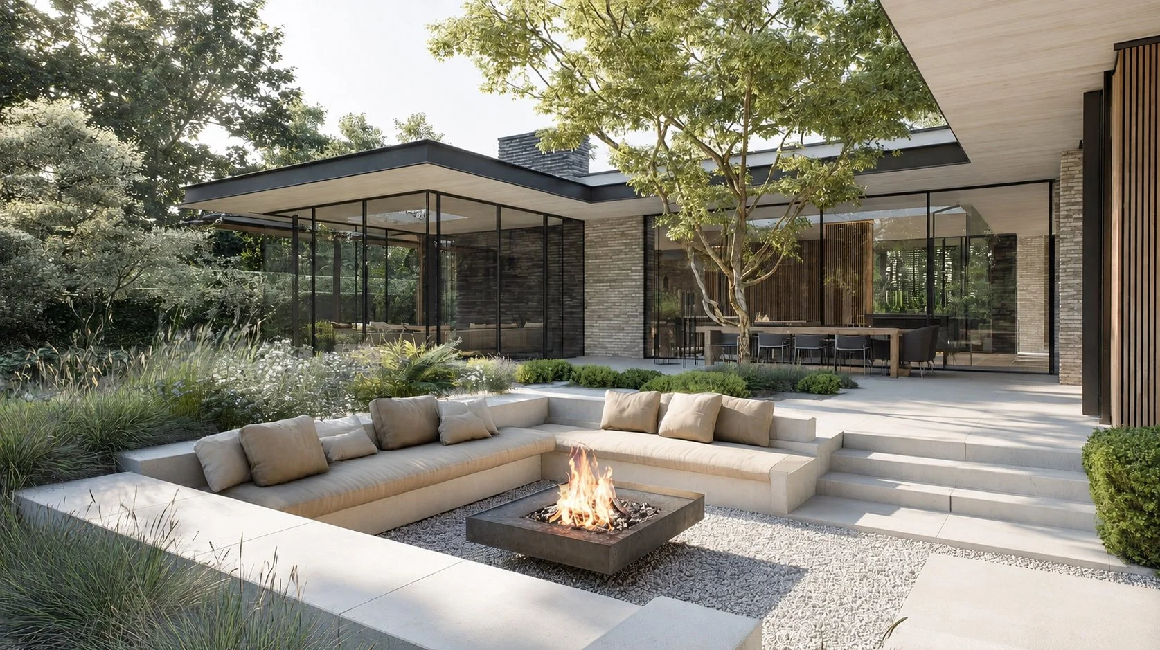 Moderne tuin met zithoek, vuurkorf en tuinmeubels voor een huis met grote ramen en een terras.