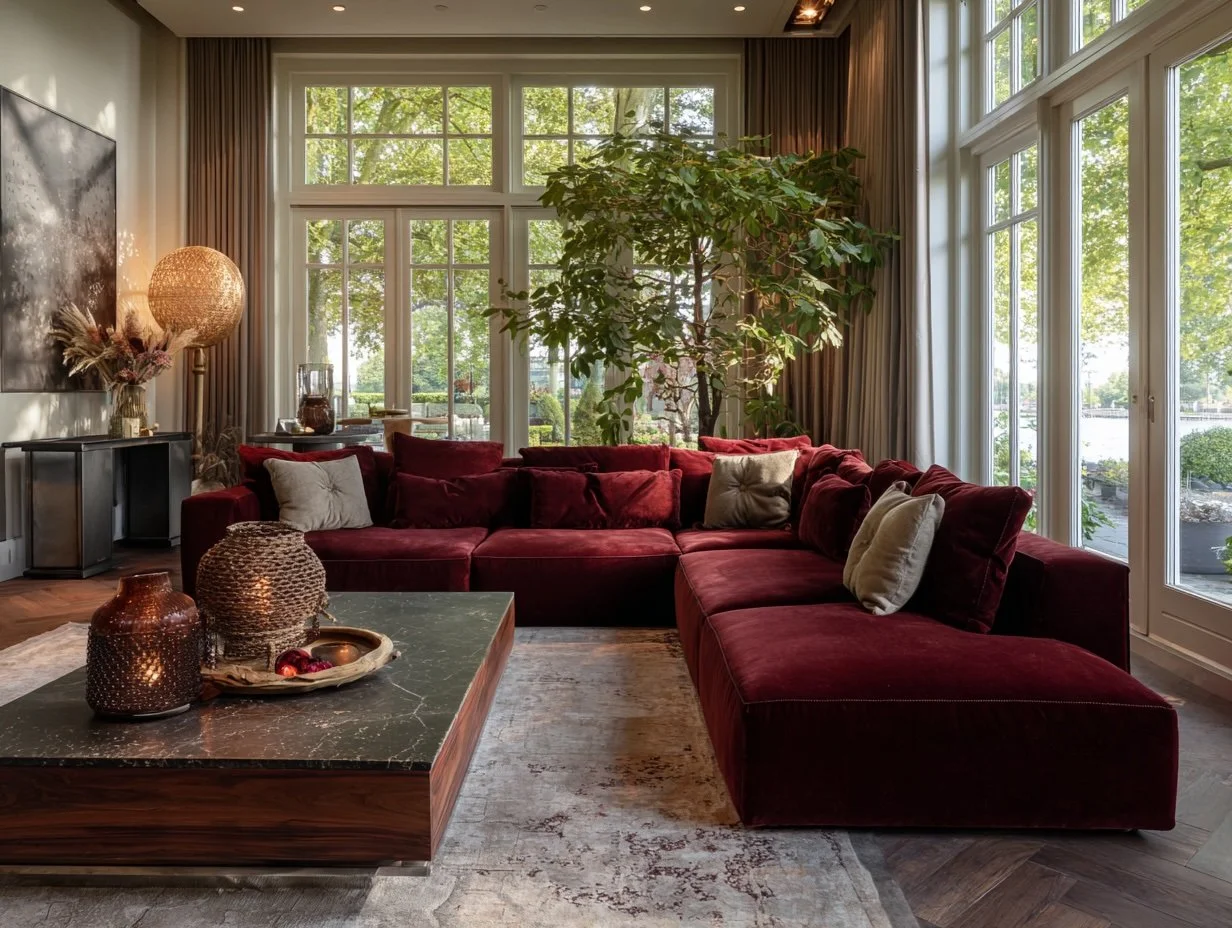Een gezellige woonkamer met grote glazen ramen die natuurlijk licht binnenlaten, een rode velvet hoekbank met kussens, een lage salontafel met decoratieve voorwerpen, een grote plant, en zachte gordijnen. Buiten is groen te zien.