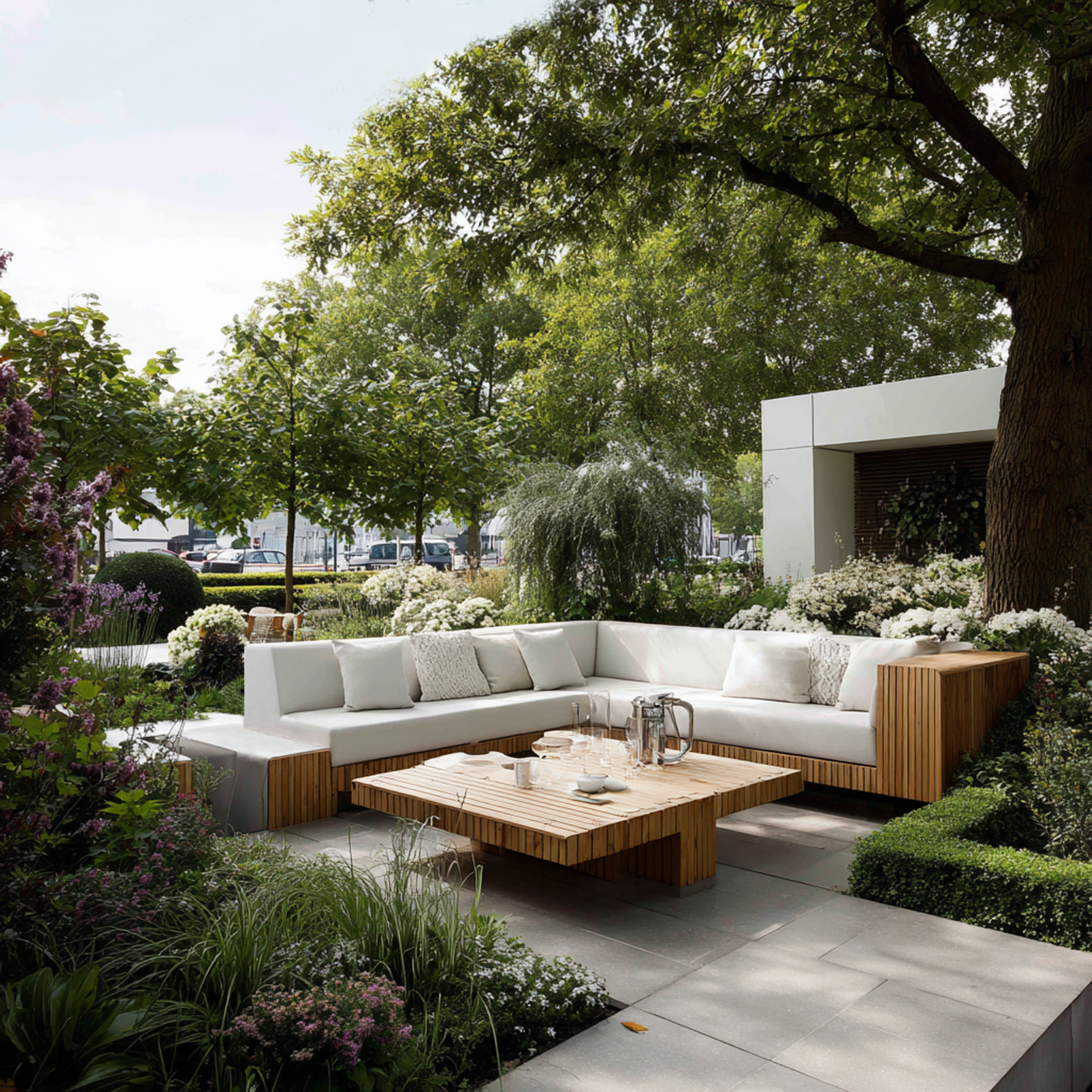 Maatwerk buitenkussens op witte tuinbank — project Blaricum