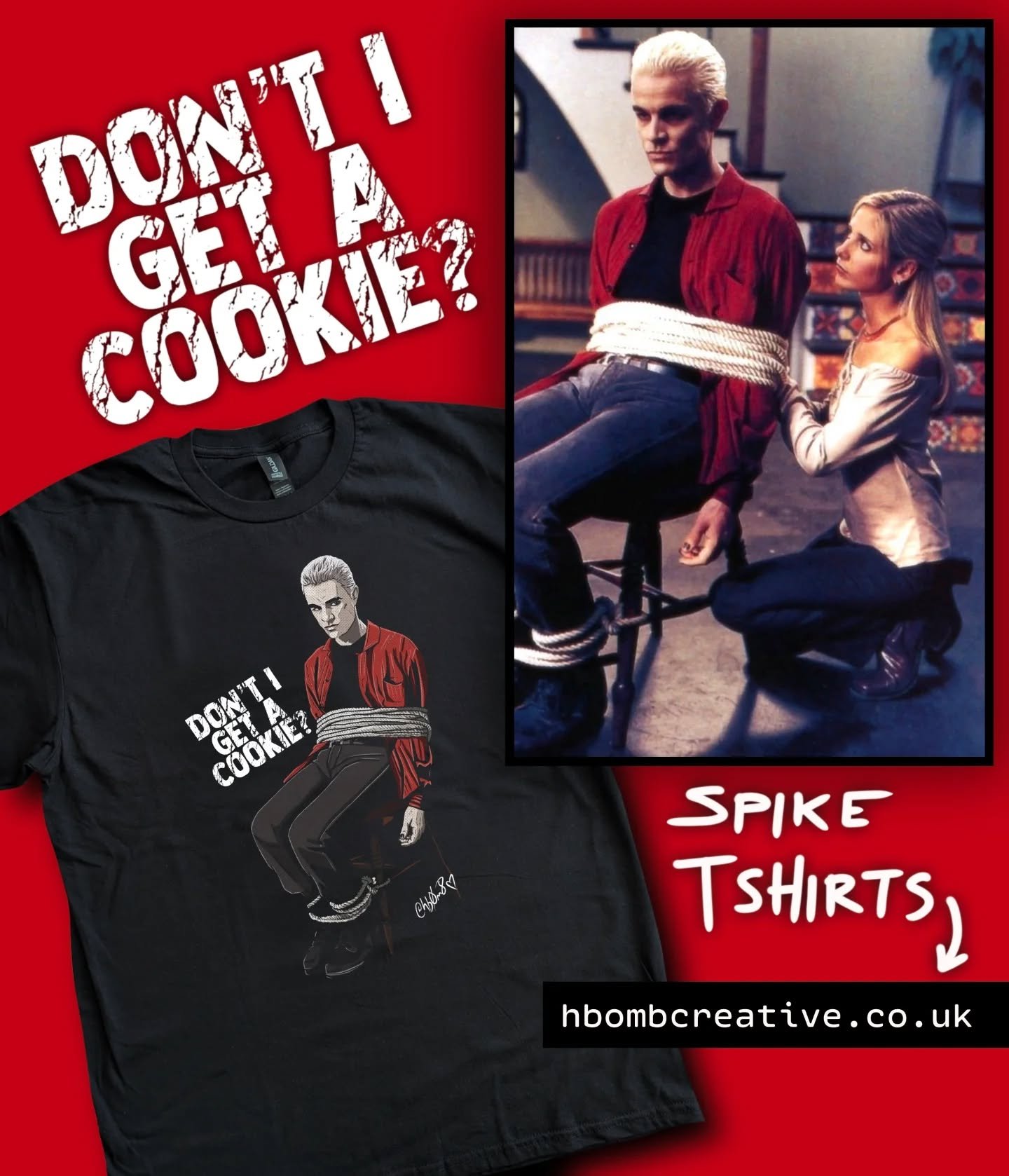 I really wanted a tee with Spike on.... So I made one.

I present to you, the SPIKE TIED TO A CHAIR T-Shirt! 

You can have one too, if you like! 🧛🏻🪢

Follow the link in my bio for this (and other!) new T-shirt designs.  Everything is printed to o