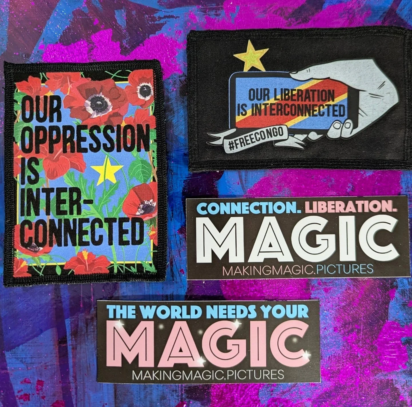 I had so much fun collaborating on these patch designs - both of which feature in the short film, MAGIC, written and directed by Dominique Provost-Chalkey and starring Taylor Hickson. @makingmagic.pictures 

'Our Oppression is Interconnected' can be 