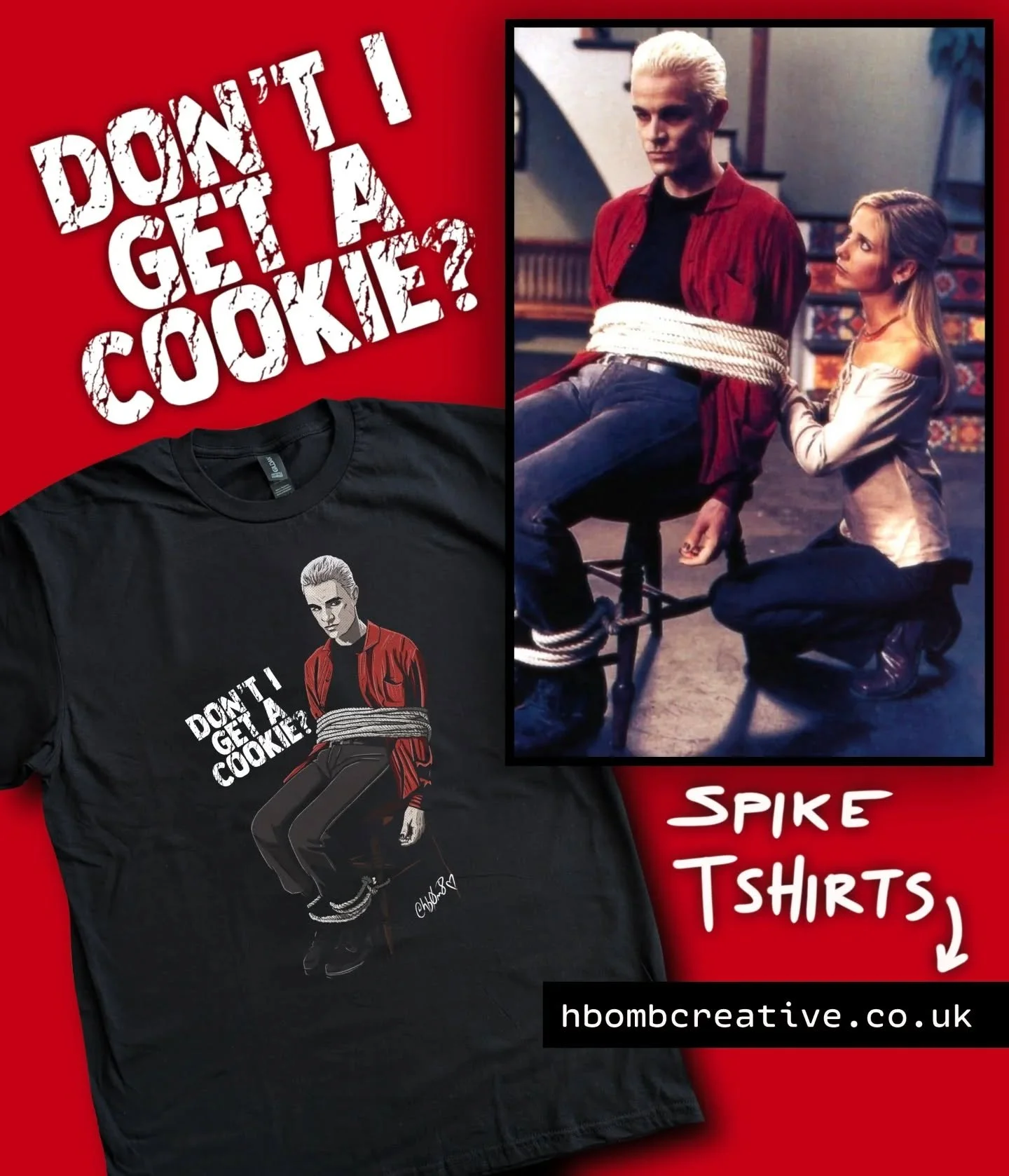 I really wanted a tee with Spike on.... So I made one.

I present to you, the SPIKE TIED TO A CHAIR T-Shirt! 

You can have one too, if you like! 🧛🏻🪢

Follow the link in my bio for this (and other!) new T-shirt designs.  Everything is printed to o