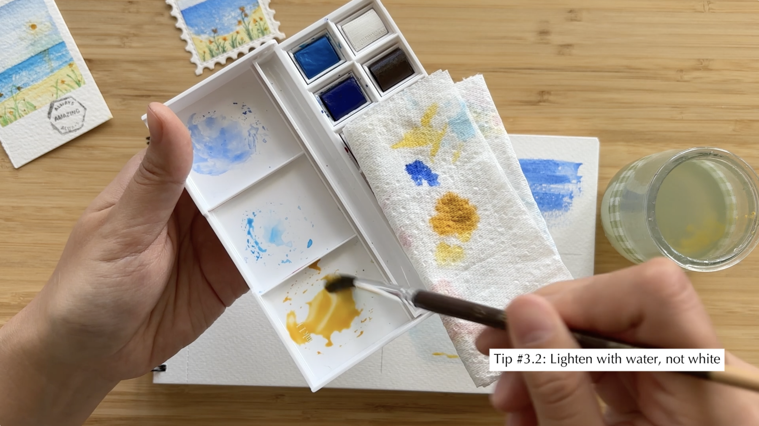 Use water to lighten the color in watercolor painting
