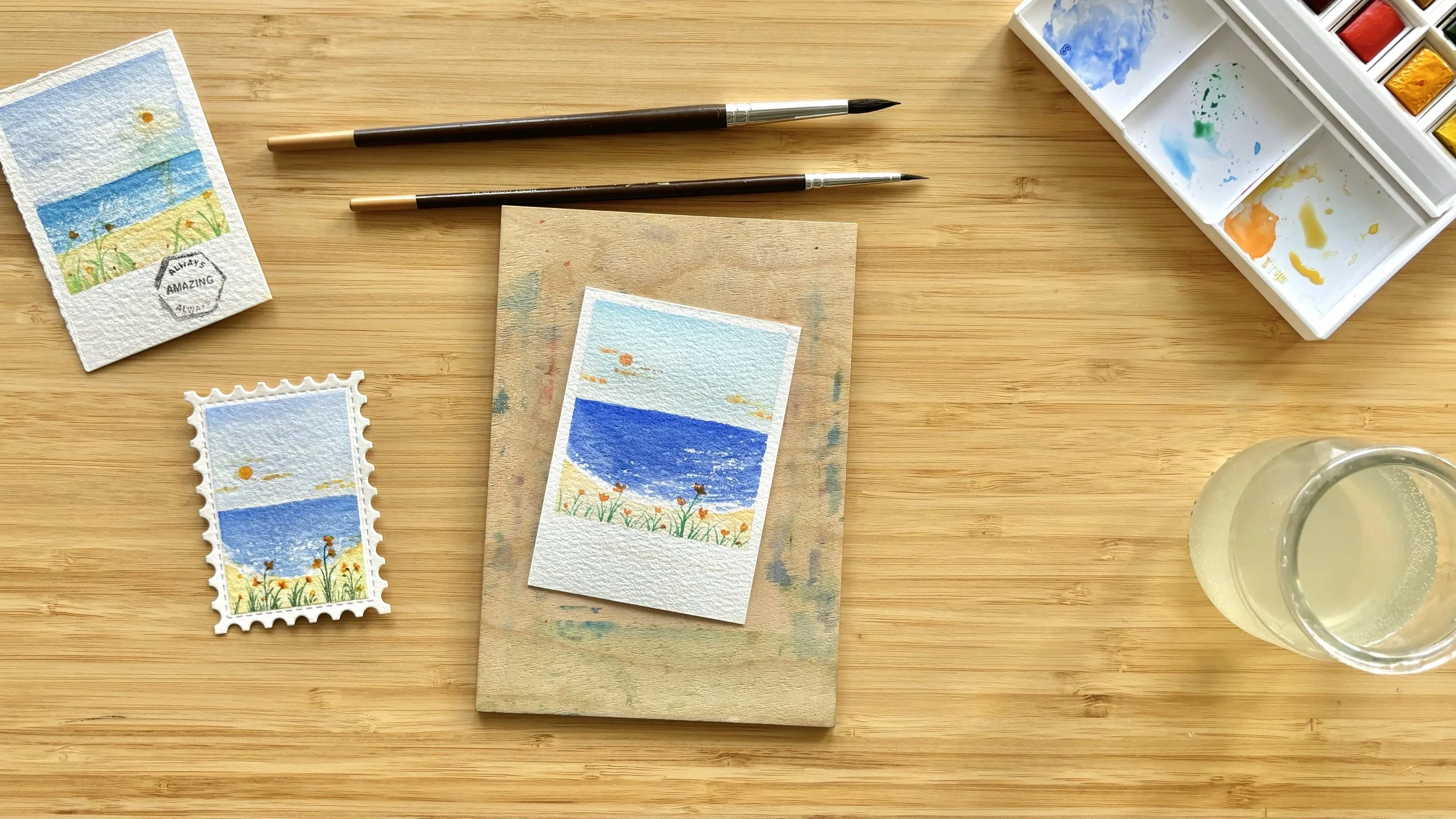 Seaside landscape painting in a creative Polaroid format