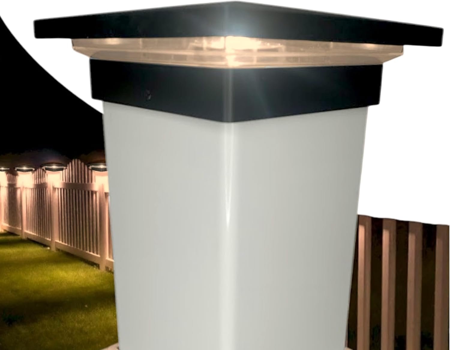 4x4 lighted post cap 12 volts 12 volt 12v low voltage low-voltage LED post cap light vinyl post sleeve wood 4x4 post 3-1/2x3-1/2 4"x4" 3-1/2"x3-1/2" vinyl post railing fence