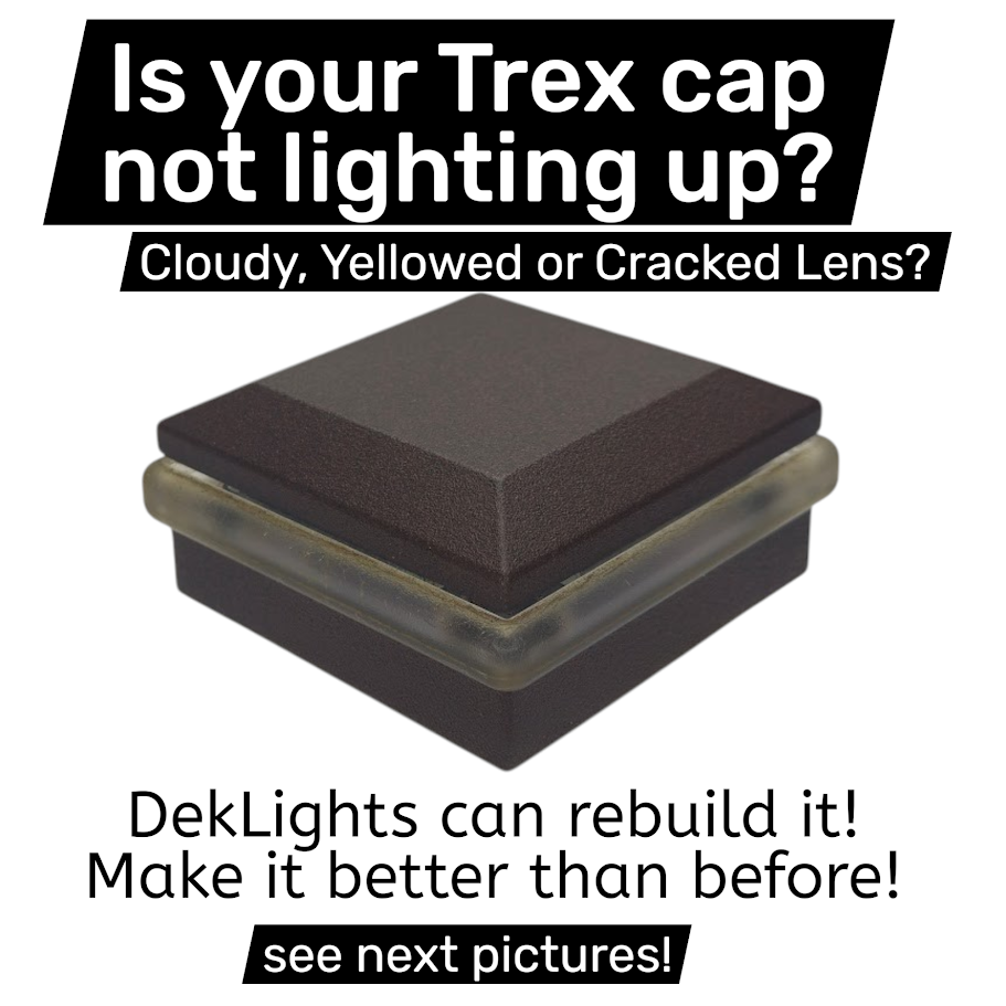 Trex Lighted post cap for Aluminum posts Factory cap rebuild for burned out or damaged Trex caps. Defective Trex caps can be made new again. 12 volt low voltage Trex post cap