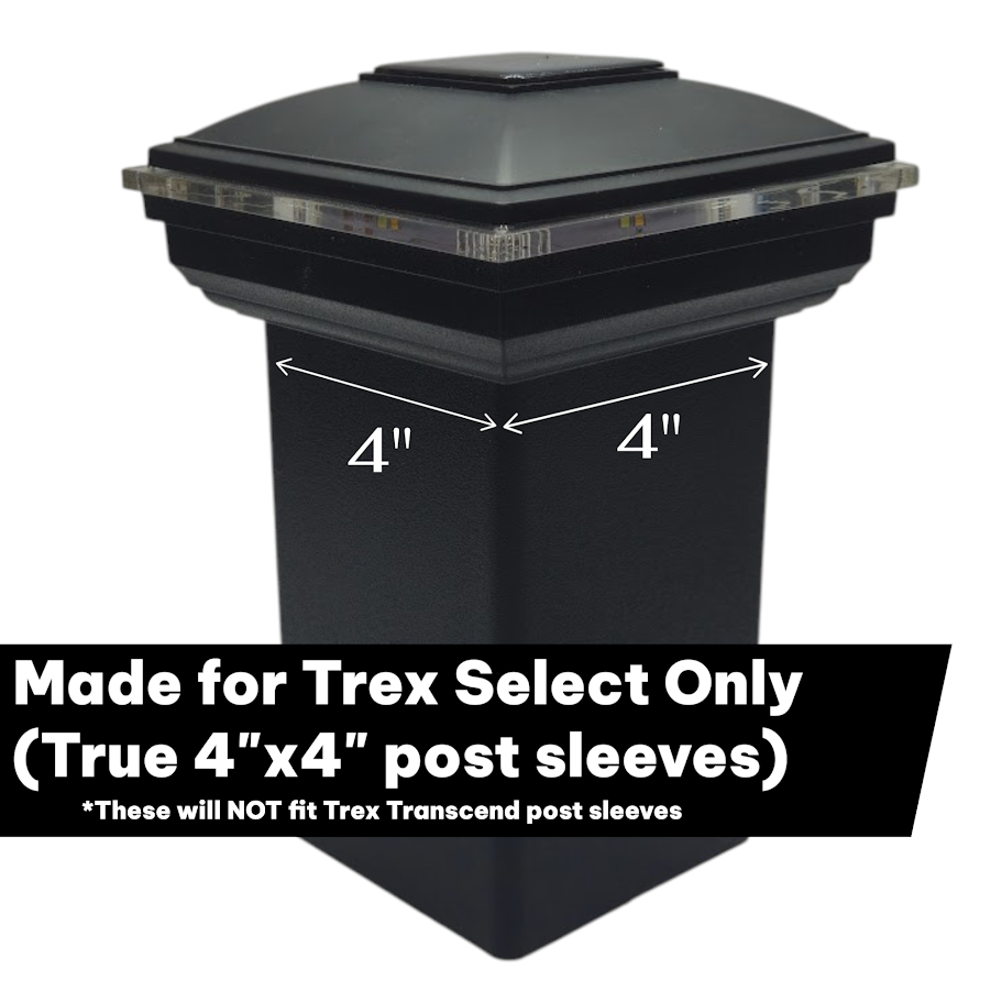 DekLights Solar post cap for Trex Select 4x4 post sleeves. Our Glass Edge Style 2nd Generation Solar Post Cap. Bright White or Warm White Lighting, Switch Selectable. Made in the USA.
