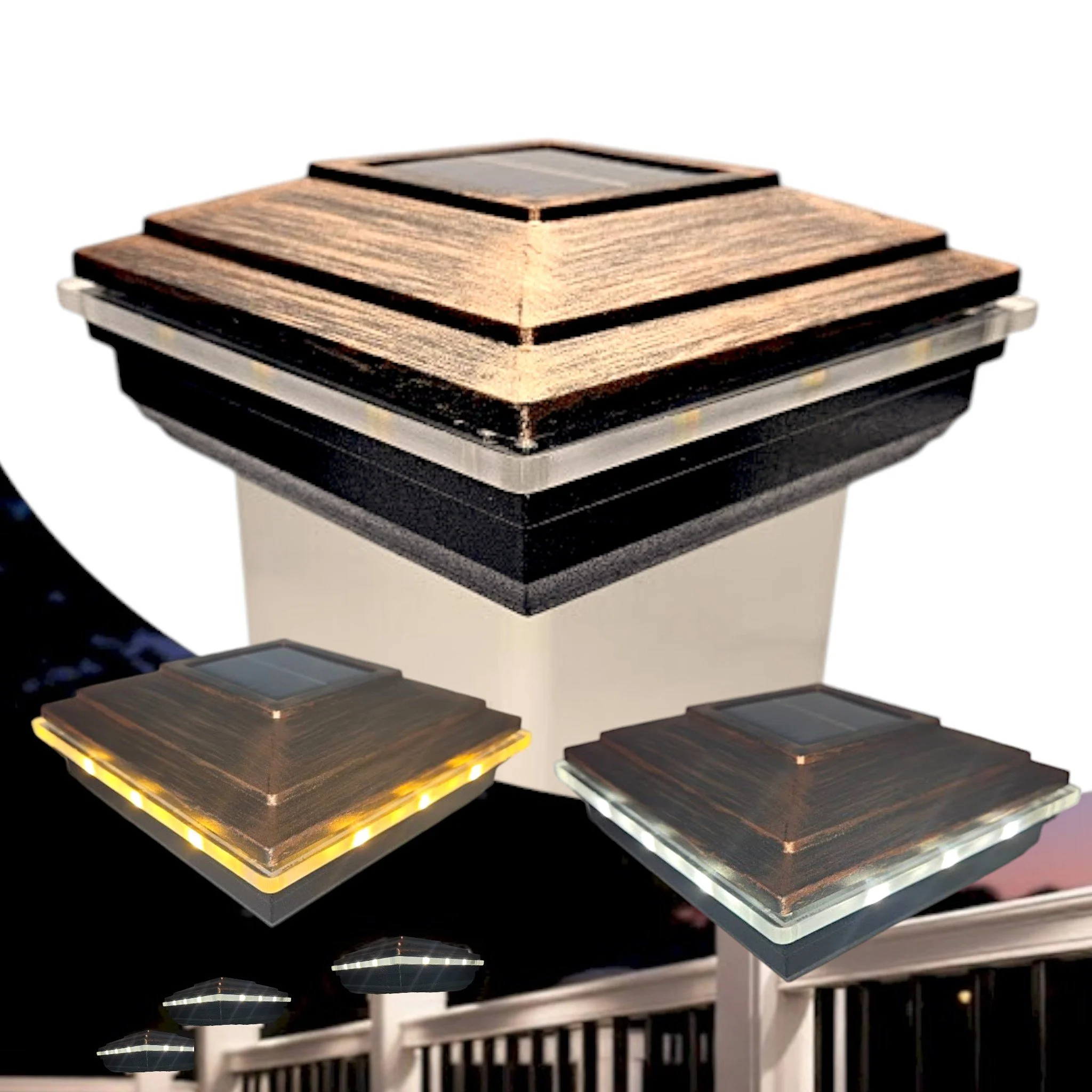 4x4 solar post cap 2 color LED warm white 3000k or bright white 6000k selectable bronze copper top rubber oil bronze brushed copper finish black texture base deck railing fence post