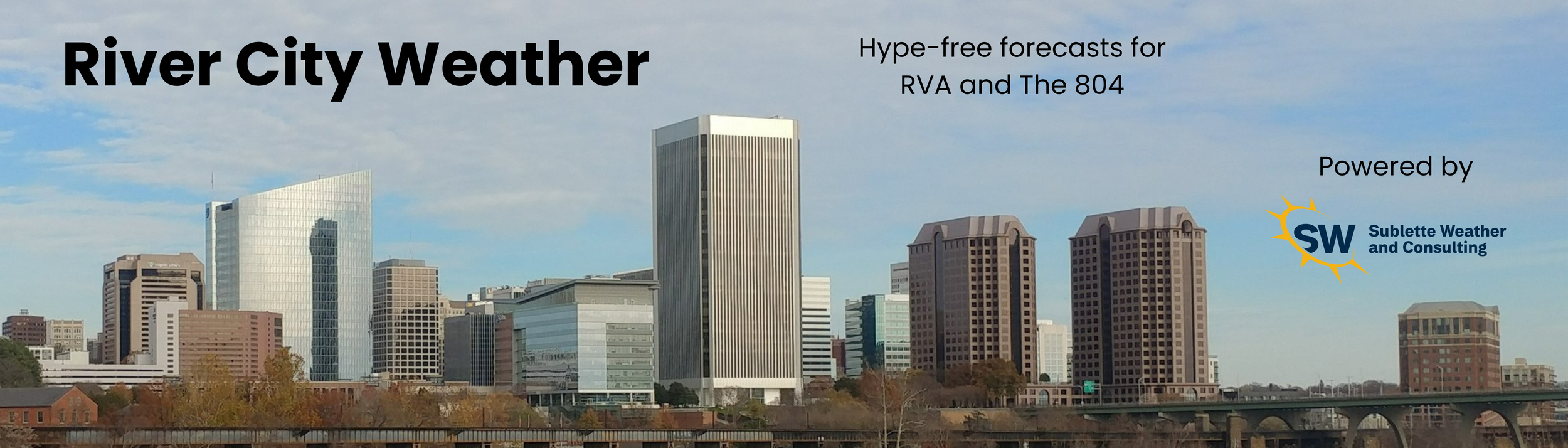 Skyline of River City with modern skyscrapers under partly cloudy sky, with text overlay about weather forecasts and a logo for Sublette Weather and Consulting.