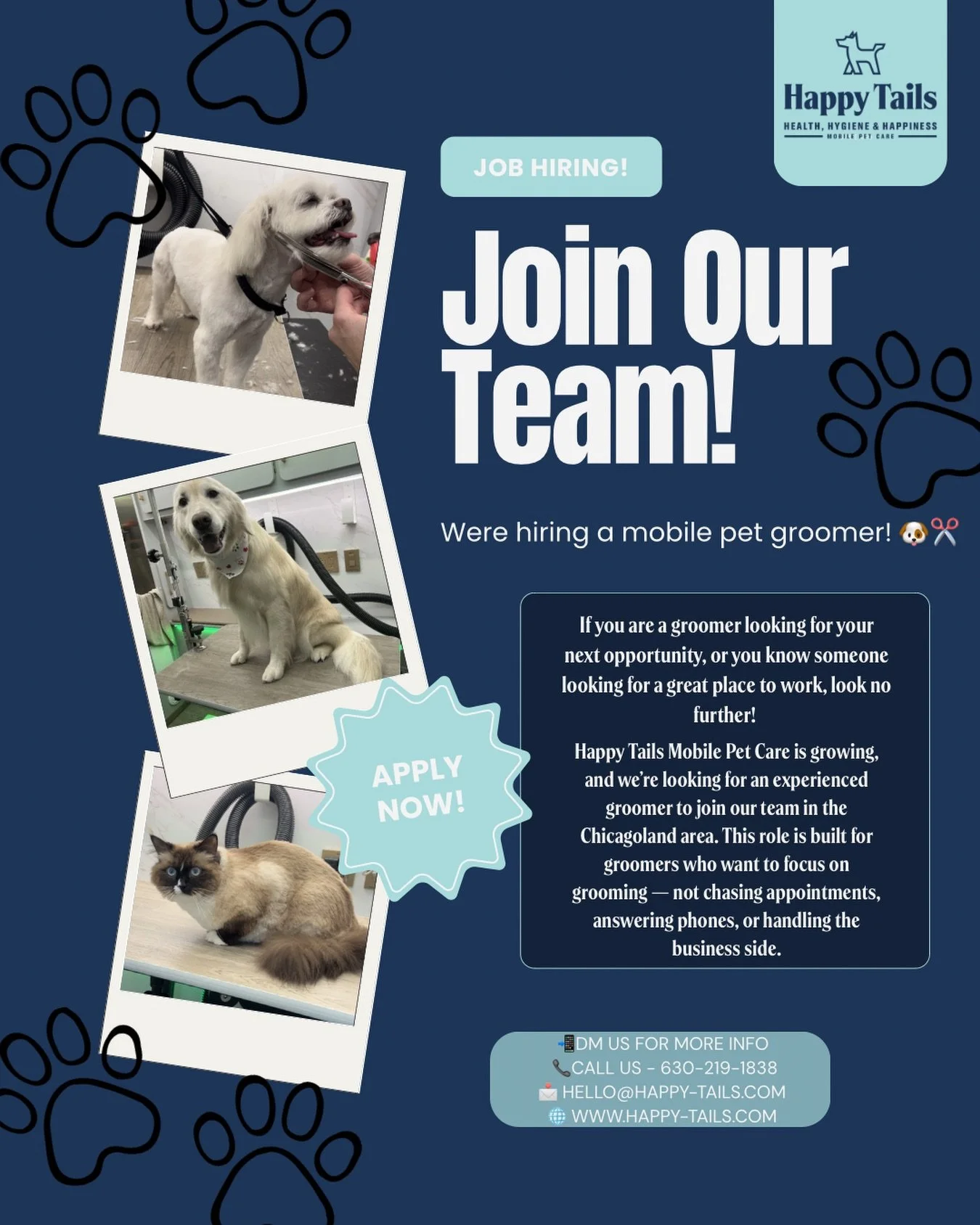 WE&rsquo;RE HIRING A MOBILE PET GROOMER 🐶✂️

If you are a groomer looking for your next opportunity, or you know someone looking for a great place to work, look no further! 

Happy Tails Mobile Pet Care is growing, and we&rsquo;re looking for an exp