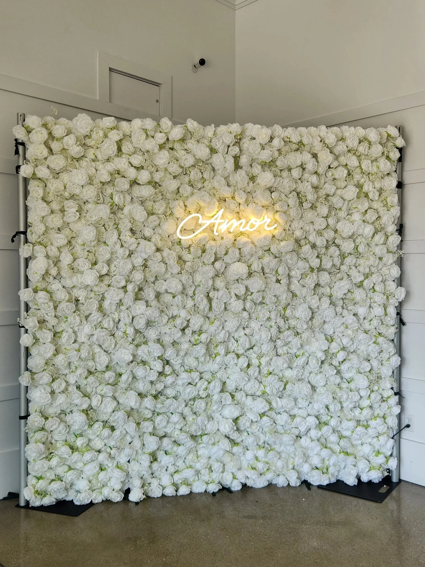 A backdrop made of numerous white roses with a neon sign that says 'Amor' in yellow script.