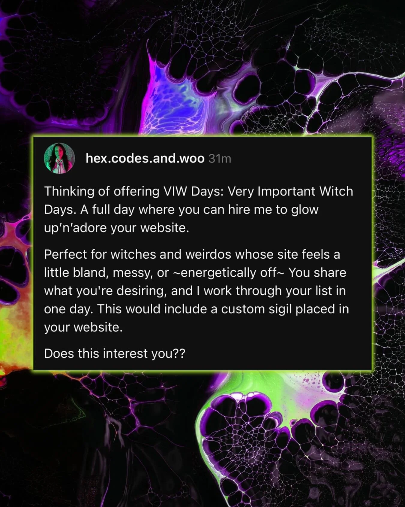 I&rsquo;m wondering if y&rsquo;all would be interested in VIW Days?? Because I am lol I would LOVE to spend a day on your website making design tweaks, updating the aesthetic, and adding functionality to it.  Think cute cursor, fresh fonts, cool hove