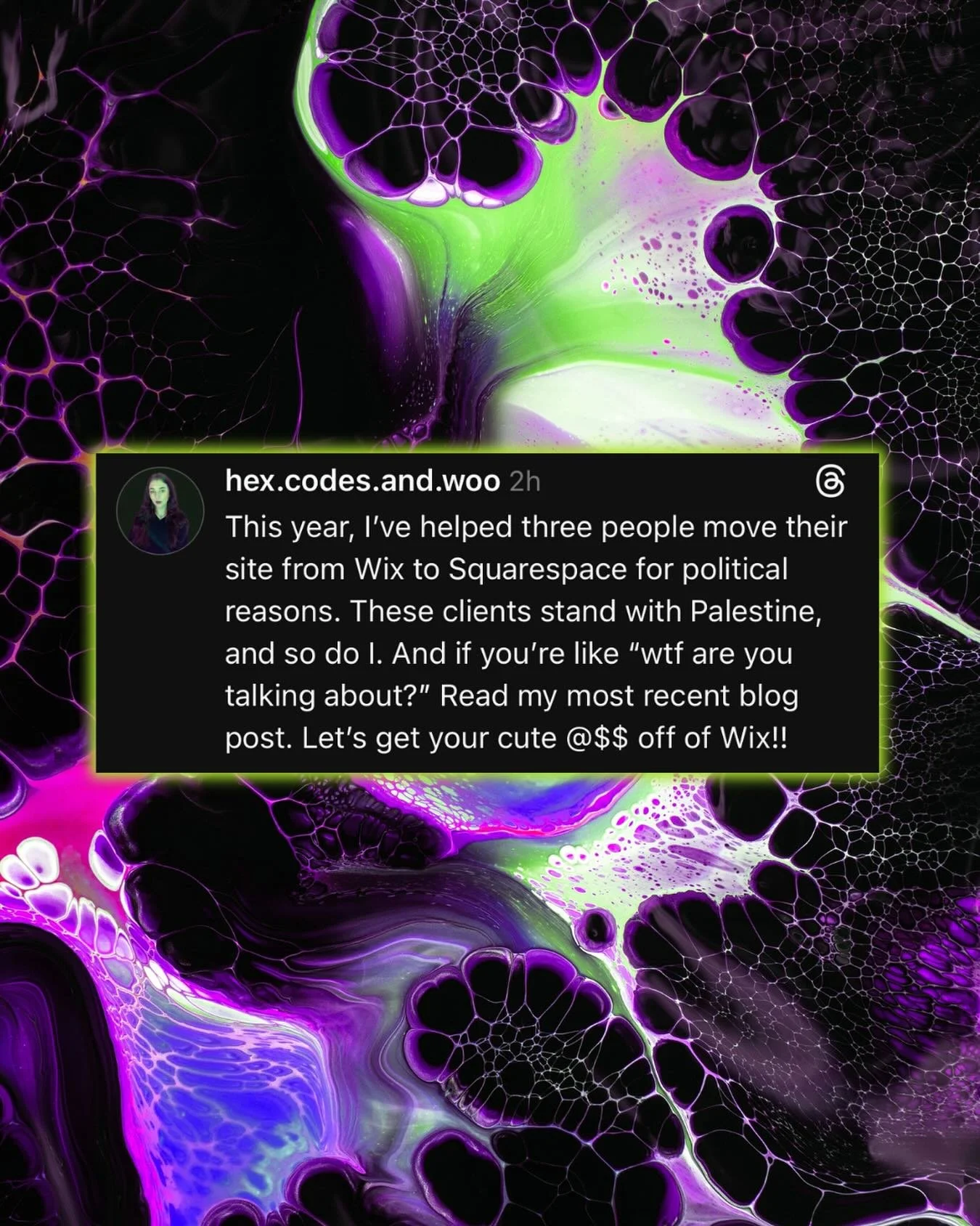 Getting your website off of Wix is a form of political resistance. And it would bring my witchy rebel heart so much joy to do so &lt;3 

Summoning one more biz to get off of Wix and onto Squarespace before the end of the year ଘ(੭ˊᵕˋ)੭* ੈ✩‧₊

⛓️ Link 