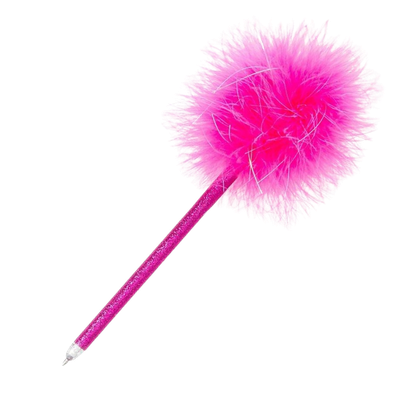 Pink pen with pink fuzzy pom pom topper.