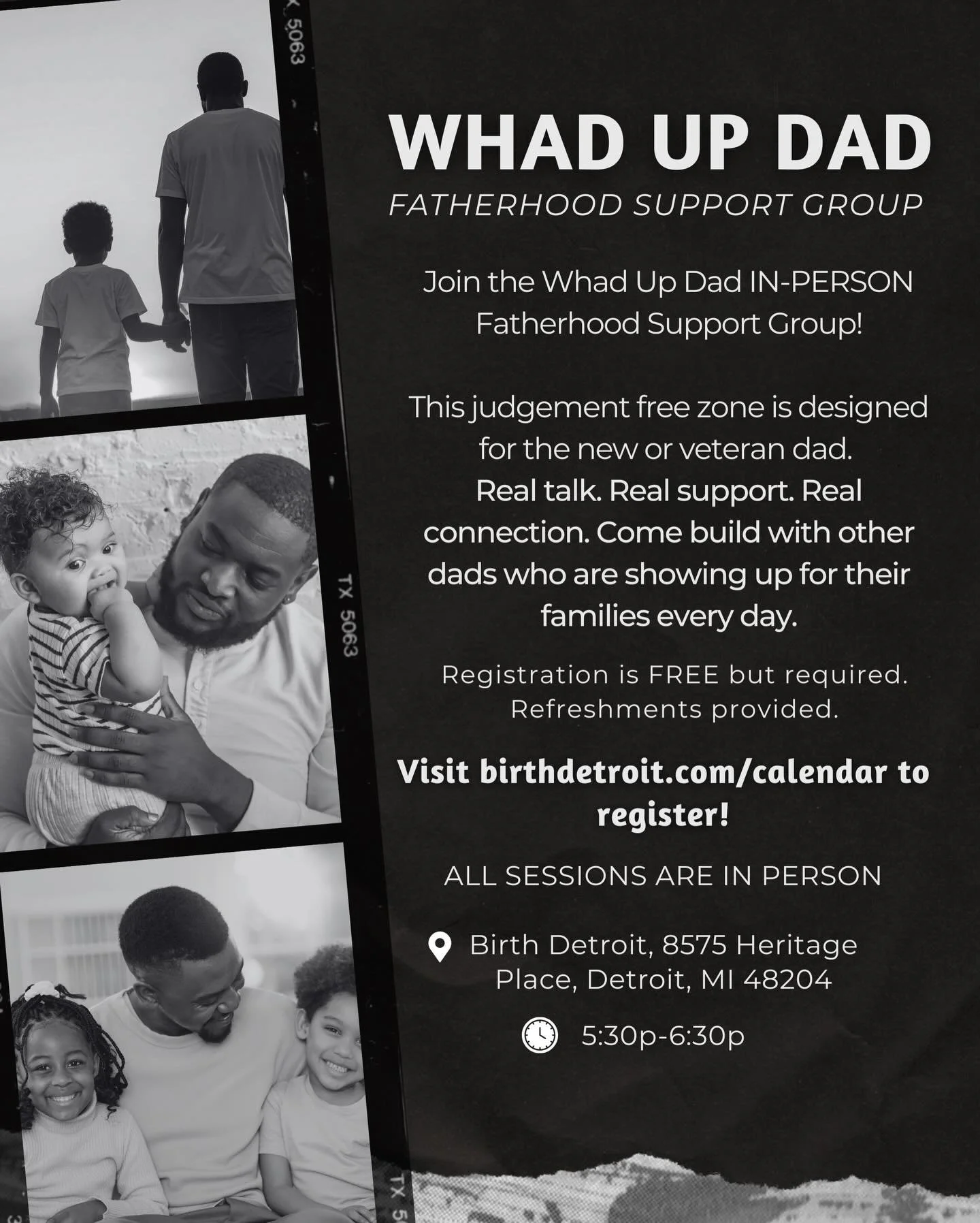 Fatherhood was never meant to be done alone.
Whad Up Dad is a space for dads to connect, get support, and keep showing up for their families&mdash;one conversation at a time.

📍 Birth Detroit (in person)
🕠 5:30p&ndash;6:30p
✅ Registration is free (