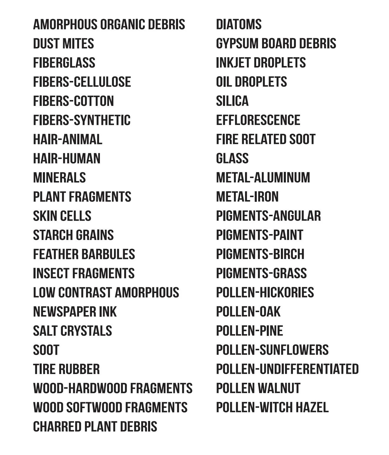 A list of various organic debris, dust mites, fiberglass, fibers (cellulose, cotton, synthetic), hair (animal and human), minerals, plant fragments, skin cells, starch grains, feather barbules, insect fragments, low contrast amorphous material, newspaper ink, salt crystals, soot, tire rubber, wood fragments (hardwood and softwood), charred plant debris, and various diatoms, gypsum board debris, inkjet droplets, oil droplets, silica, fluorescence, fire soot, glass, metals (aluminum, iron), pigments, pollen (birch, oak, pine, sunflower, undifferentiated, walnut, witch hazel).