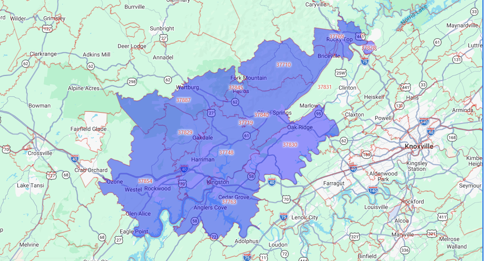 An outline of affected ZIP codes in and around Oak Ridge, TN