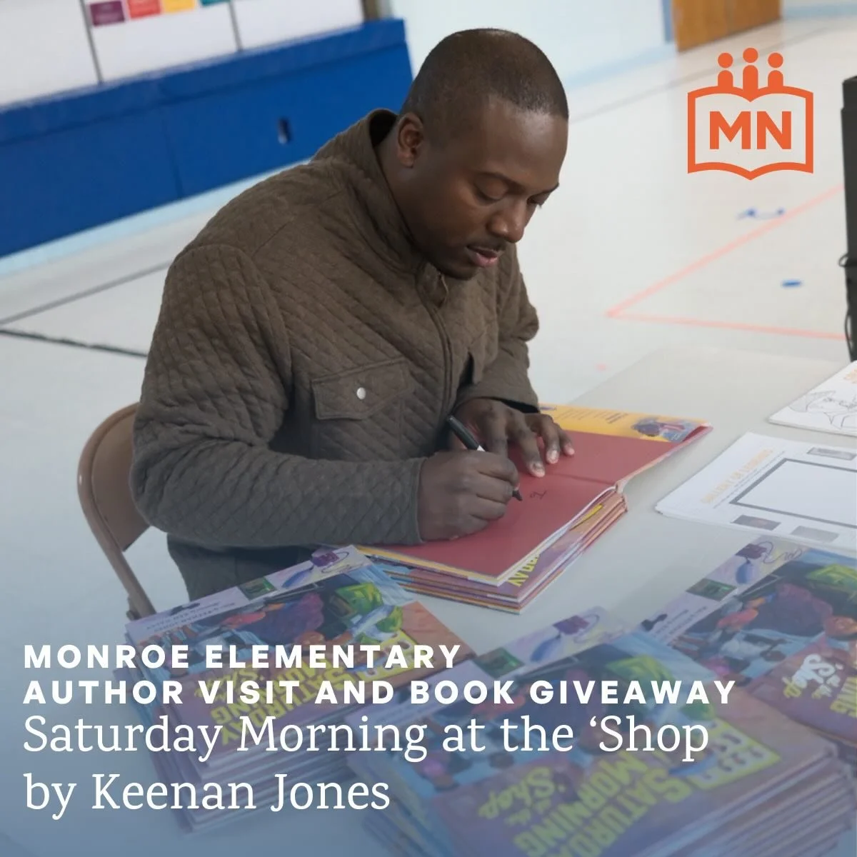 Thanks to our donors and partners, @keenanjones83 came out to Monroe Elementary&rsquo;s Literacy Night last week for three story times with students and their families. All 25 classrooms receive a signed copy of Saturday Morning at the &lsquo;Shop&rs