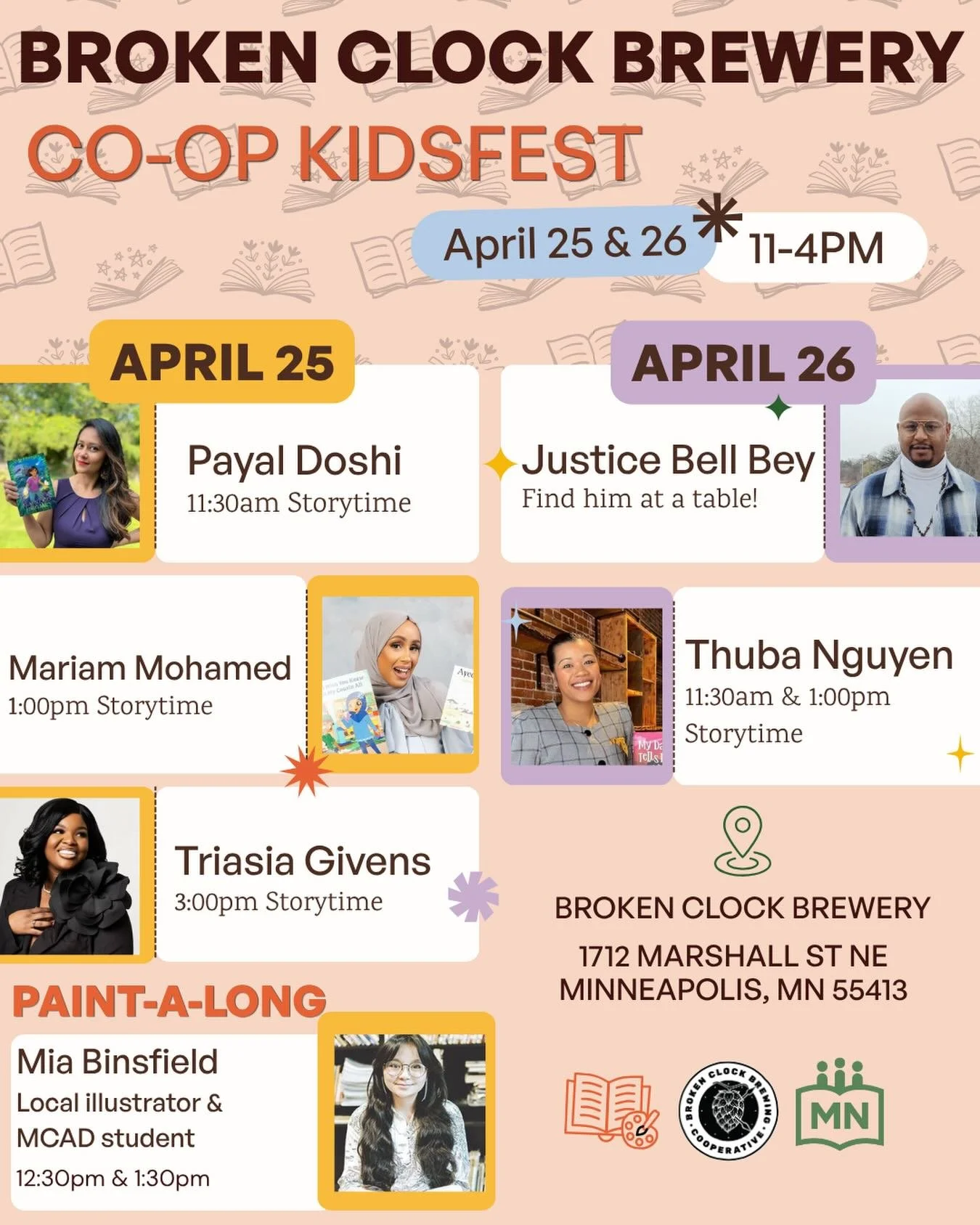 Mark your calendars for April 25th and 26th for the co-op kids fest @brokenclockbrew! Lots of fun kids activities and opportunities to meet these fantastic local authors and illustrators. Please take note of story times and @lanting.studio paint-a-lo